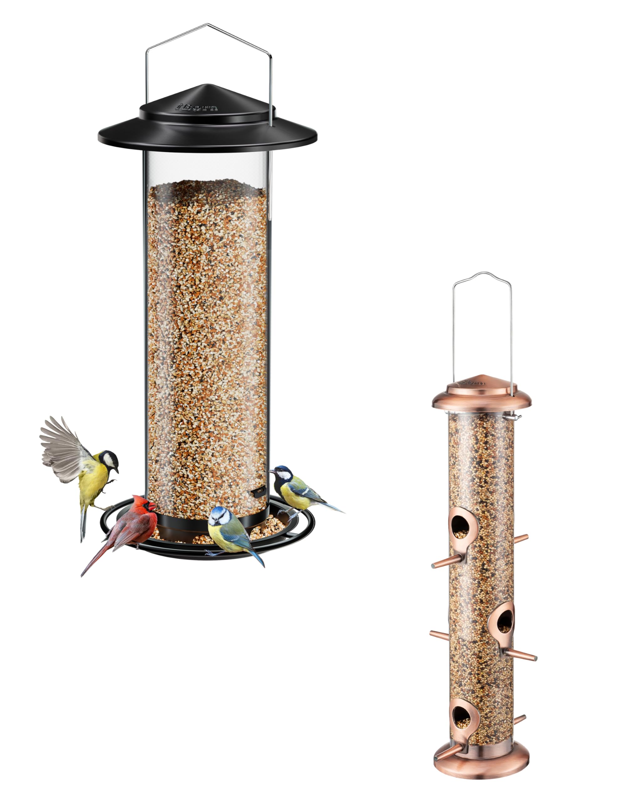 iBorn4.5lb High-Capacity Bird Feeder & 14 Inch 6 Port Brushed Copper Bird Feeder