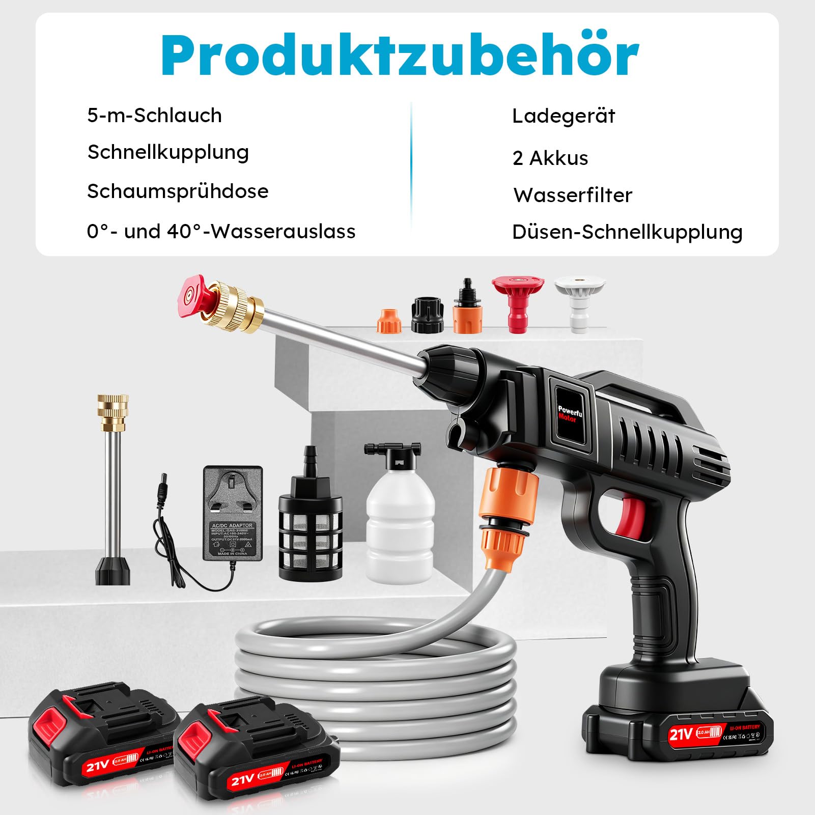 Akku Hochdruckreiniger 21V, Tragbarer Hochdruckreiniger 60 Bar, Kabelloser Mobiler Hochdruckreiniger mit 2 Akkus, Multifunktionsdüse, 5m Schlauch, Auto Garten Terrassen Reinigung (Eimer)