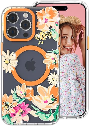 YeLoveHaw Funda magnética transparente para iPhone 14 Pro Max para mujeres y niñas, bonito patrón floral morado con purpurina compatible con