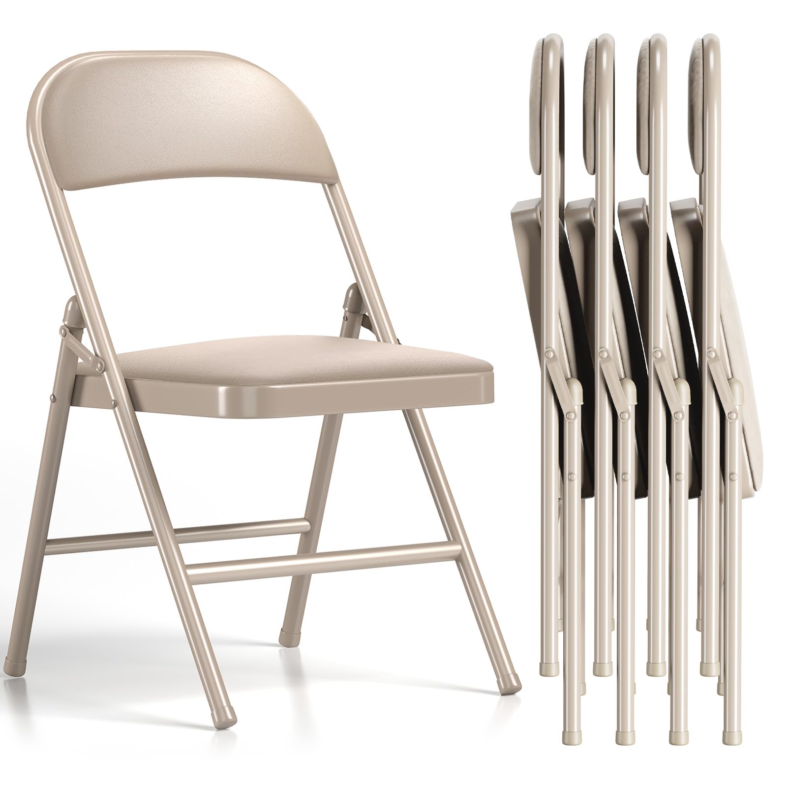 LUCKPRO 4 Pack Folding Chairs with Cushion – Padded Memory Foam Khaki Seating Space-Saving Foldable Chairs for Indoor Outdoor Weddings, Parties,