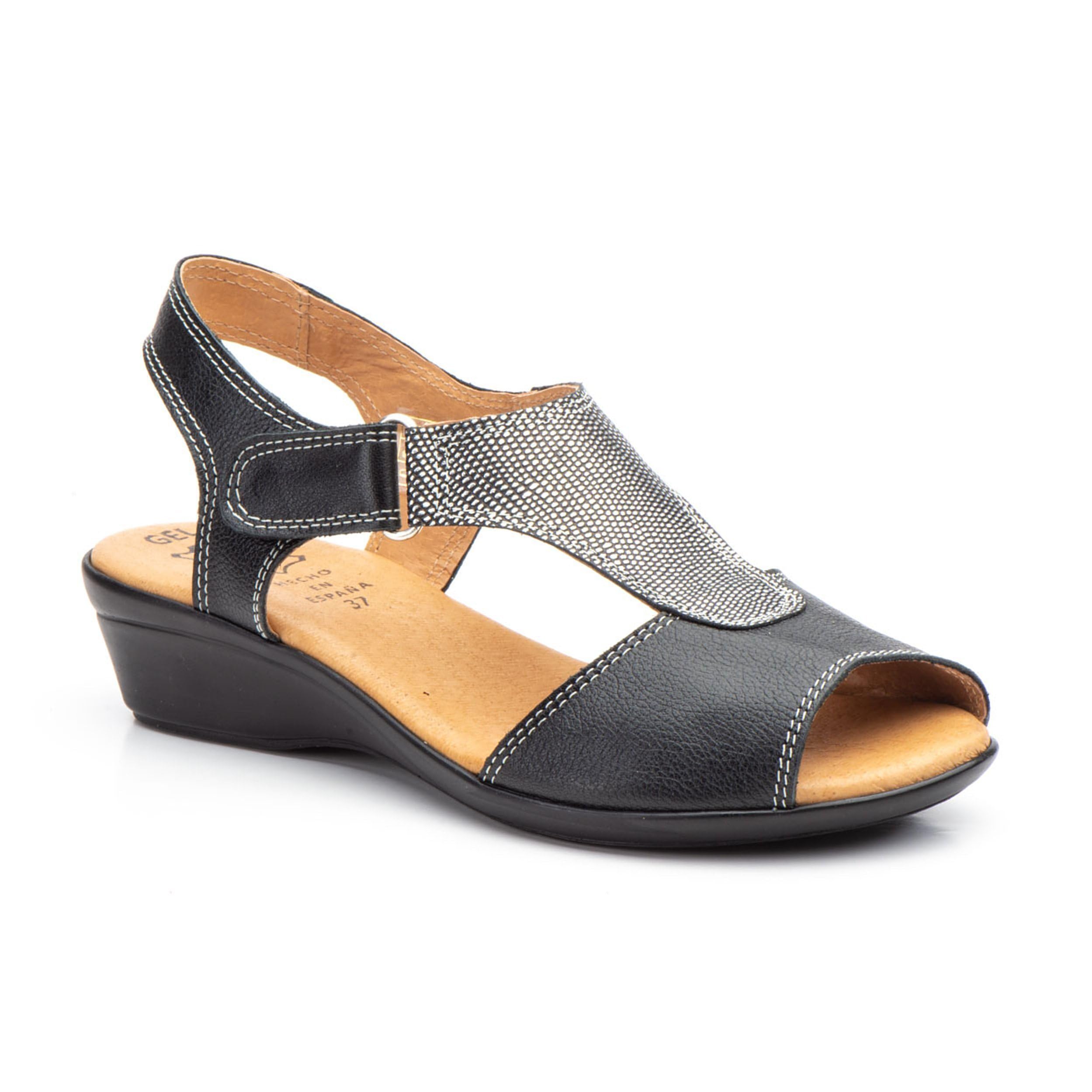 Sandales Femme en Cuir Fabriquées en Espagne, Bride Scratch Ajustable | Semelle Antidérapante en Caoutchouc, Talon Compensé Bas, Chaussures d’Été Confortables pour Marche et Usage Quotidien