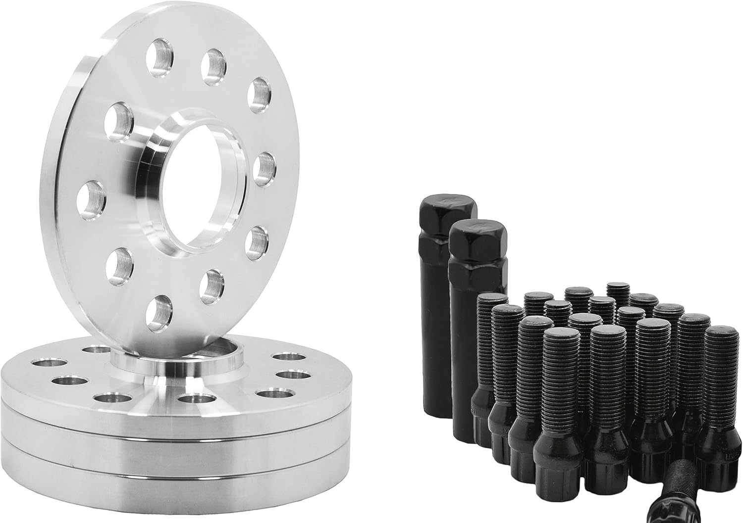 4 Pc | 10 MM & 15 MM Thick | Hub Centric Wheel Spacers 5x100 & 5x112 MM + 20 Black Locking Spline Tuner Bolts Aftermarket Wheels - Small Diameter Compatible with Audi & Volkswagen
