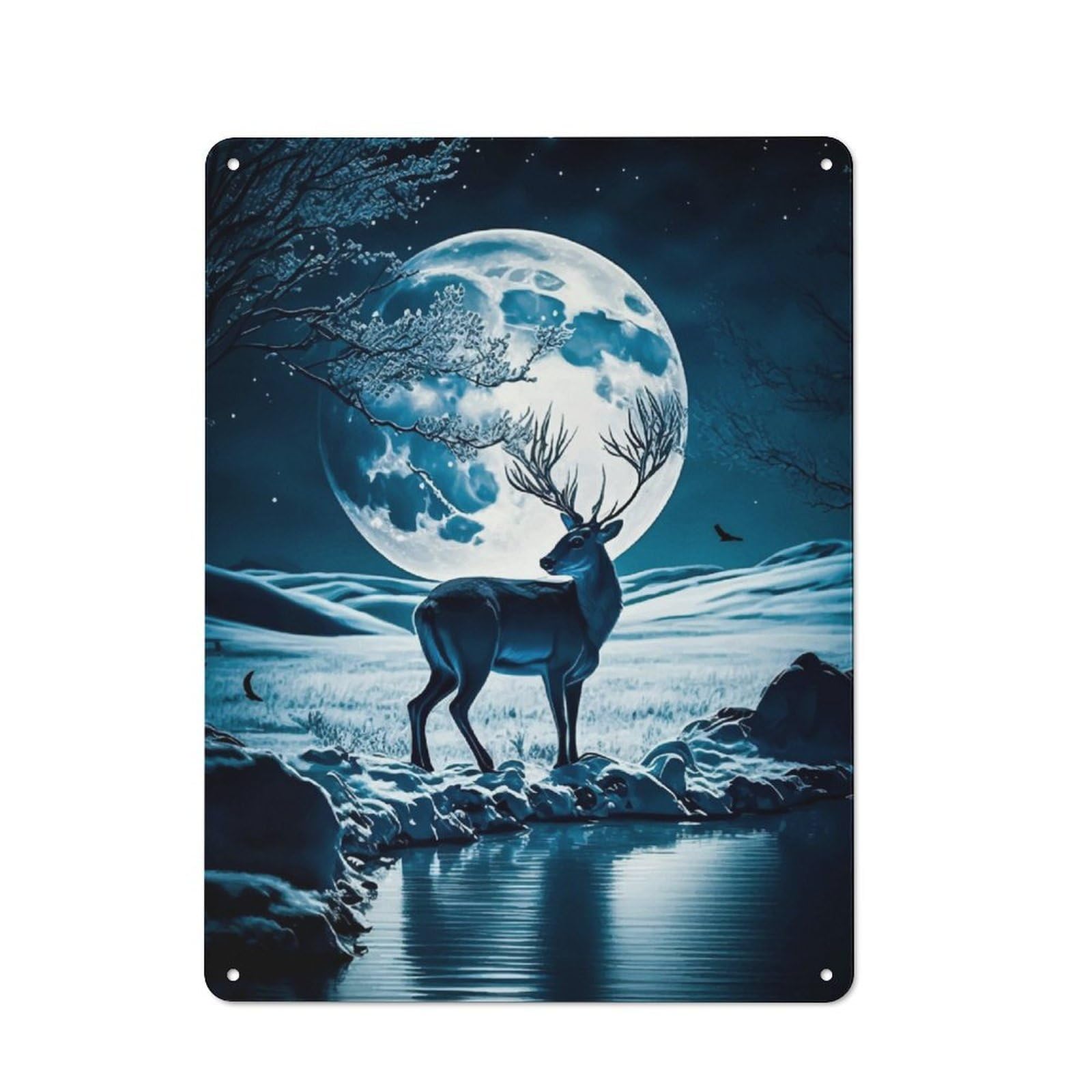 Junmoney Deer Moon Landscape Metal Plaque 40X30cm With For Workshop Wall, Retro Decor, For Garage, Workshop And Man Cave Decoration