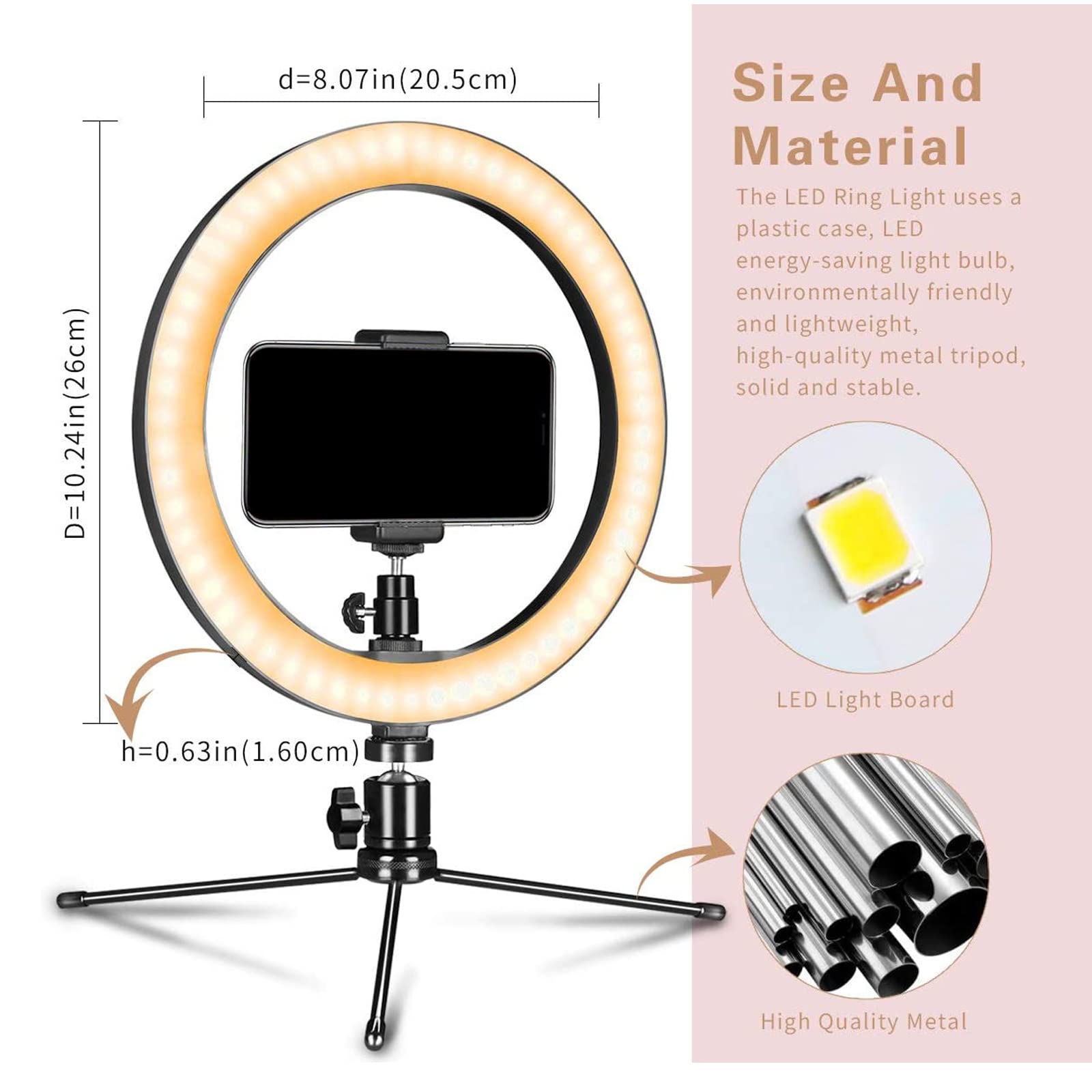 Anello Luminoso a LED da 10" con Supporto per treppiede e Supporto per Telefono per Streaming Live, riprese con 3 modalità di Illuminazione e 10 Livelli di luminosità