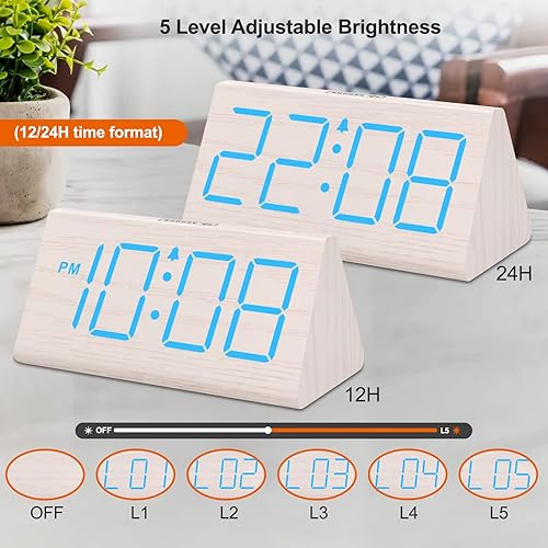 Miniatura 6 de DreamSky Wooden Digital Alarm Clocks for Bedrooms - Electric Desk Clock with Large Numbers, USB Port, Loud Alarm for Heavy Sleepers, Adjustable Blue