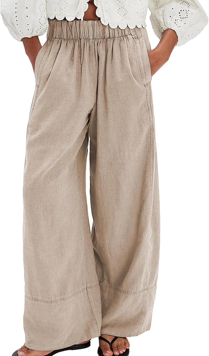 Songling Wide Leg Linen Pants for Women Summer Cotton Casual Palazzo Pant Boho Flowy Beach Pants with Pockets
