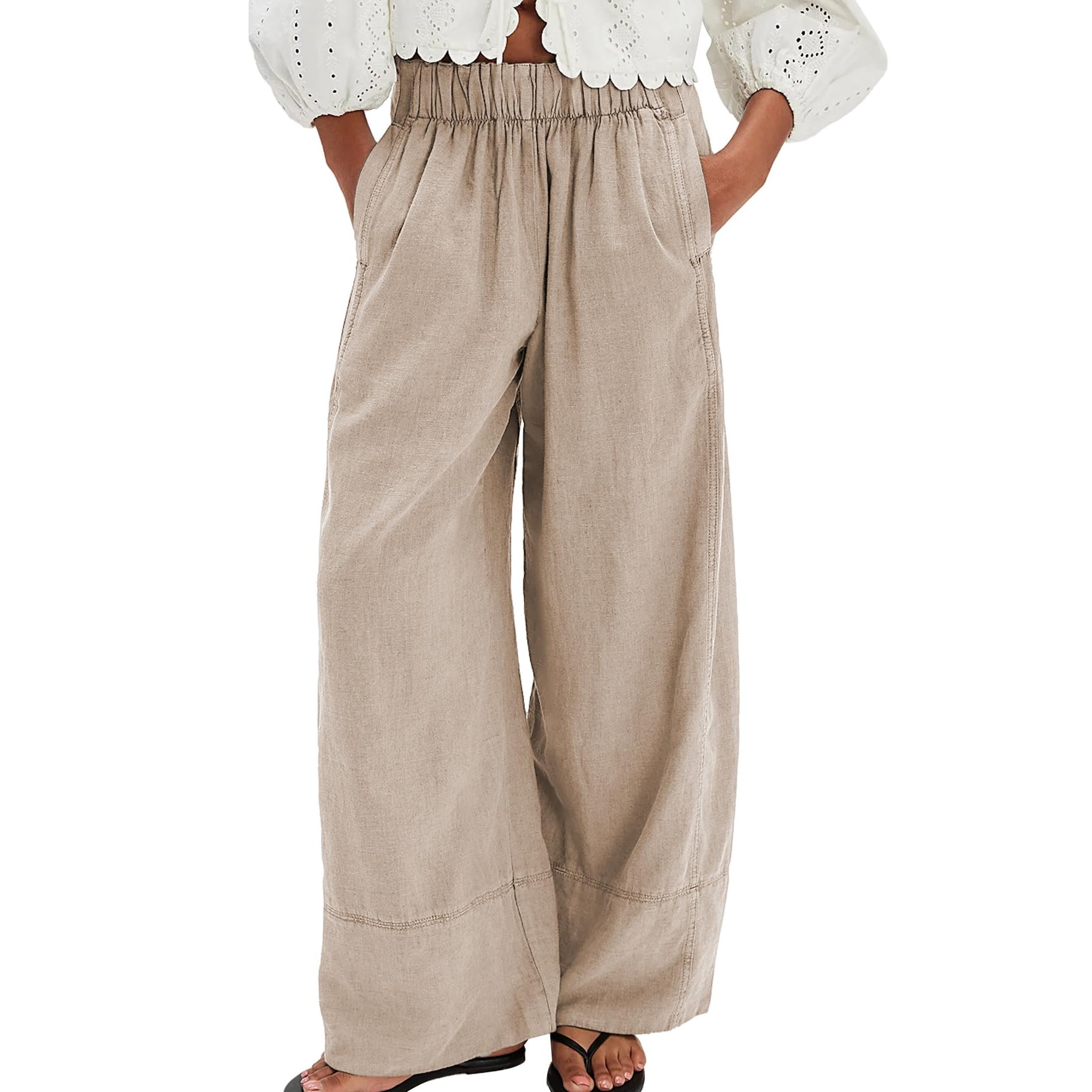 Songling Wide Leg Linen Pants for Women Summer Cotton Casual Palazzo Pant Boho Flowy Beach Pants with Pockets