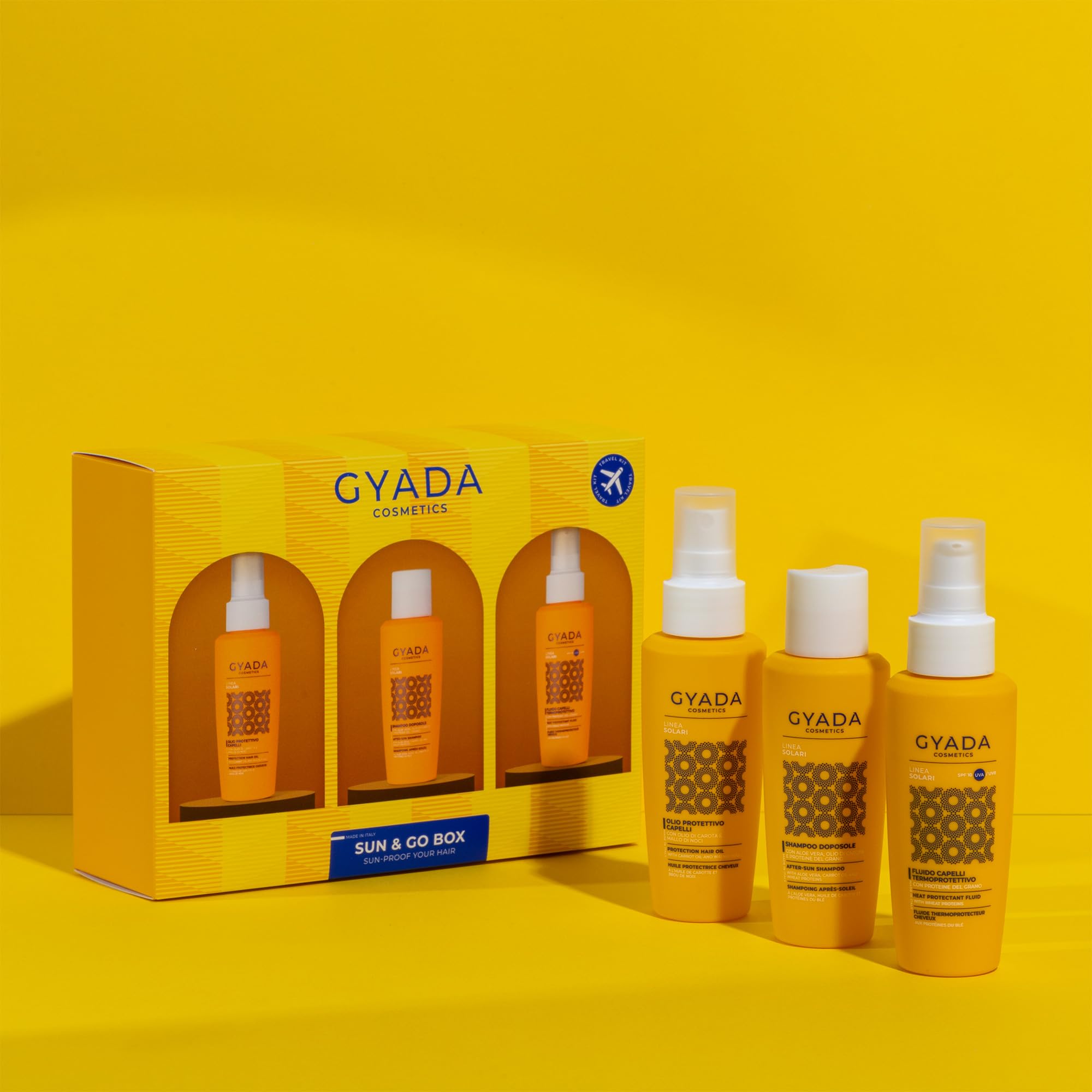 GYADA COSMETICS Sun & Go Box, Set Composto da Shampoo Doposole, Olio Solare Protettivo e Fluido Termoprotettivo Spf 10, Protegge da Sole, Cloro, Vento e Salsedine, con Proteine Vegetali, 3 x 100 ml