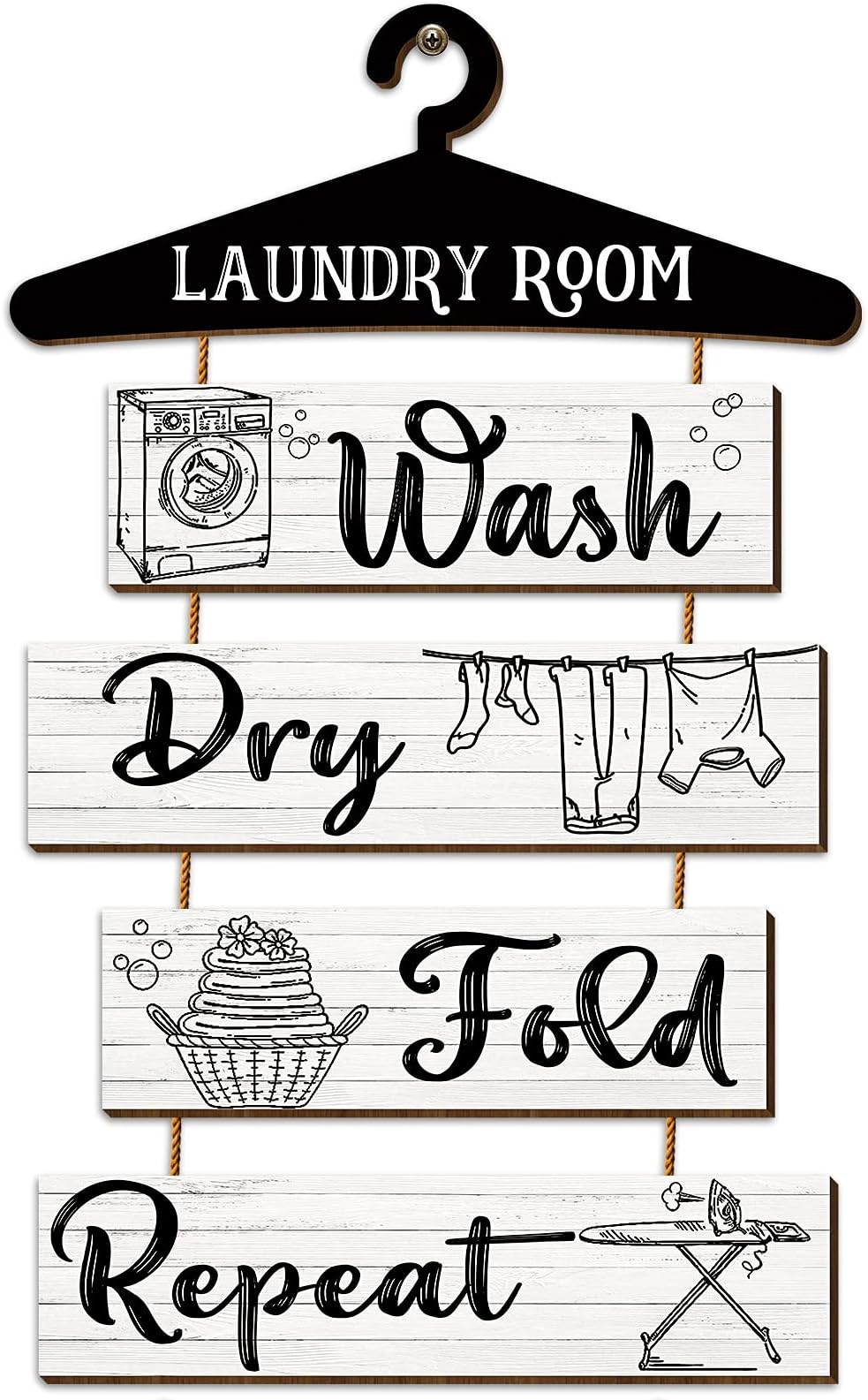 Blulu 5 Pieces Laundry Room Wall Sign Rustic Laundry Room Rules Hanging Sign Wooden Wash Dry Fold Repeat Laundry Plaque Vintage Farmhouse Laundry Rules Wall Decor 19.7 x 11 Inch (White Backing)