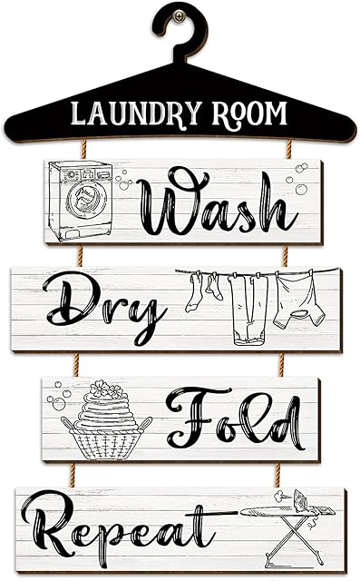Blulu 5 Pieces Laundry Room Wall Sign Rustic Laundry Room Rules Hanging Sign Wooden Wash Dry Fold Repeat Laundry Plaque Vintage Farmhouse Laundry Rules Wall Decor 19.7 x 11 Inch (White Backing)