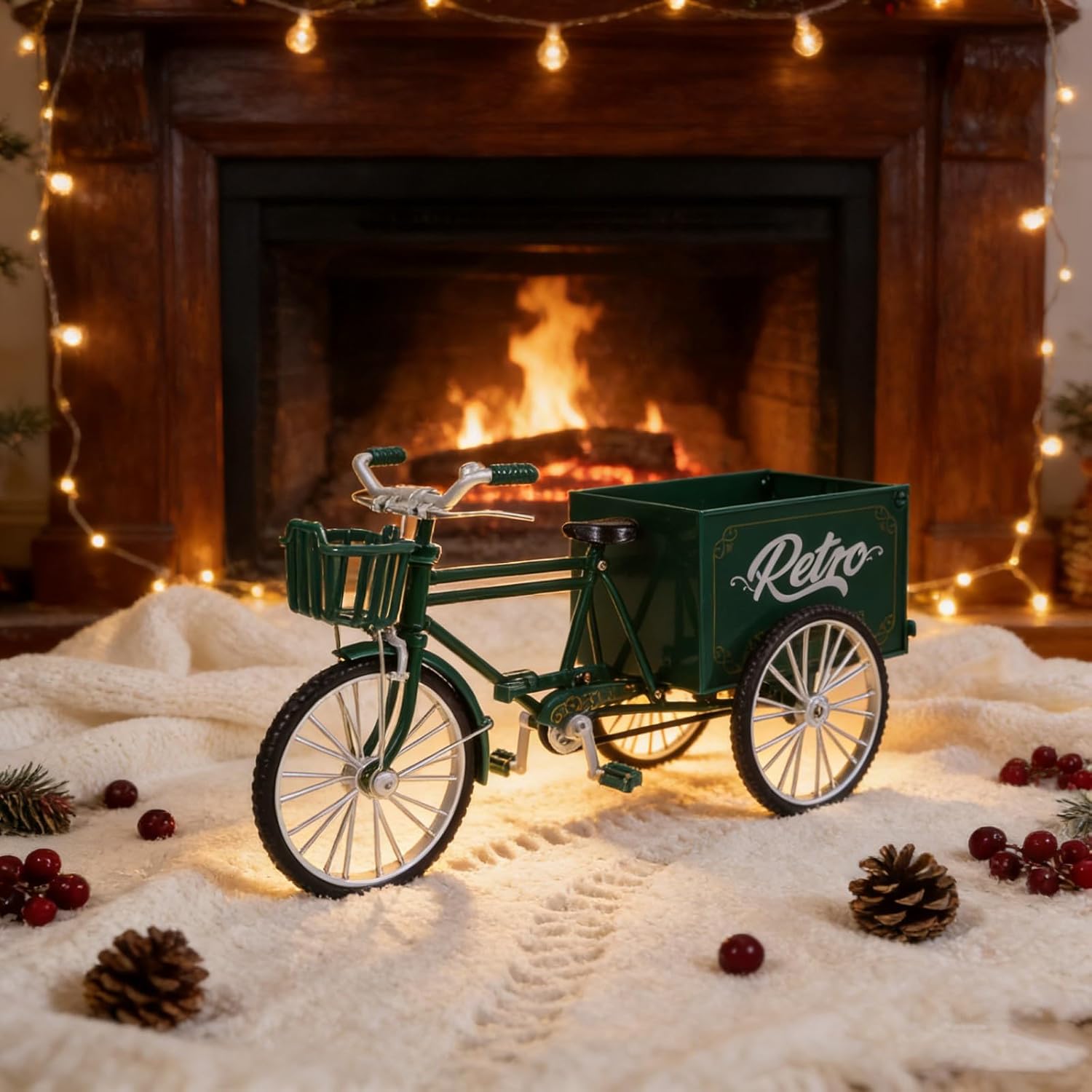 LOGOFUN Mini Tricycle Dollhouse 1:12 Miniature Vintage Vehicle Model Tiny Metal Tricycle Ornament for Micro Scene Outdoor Accessories - Green