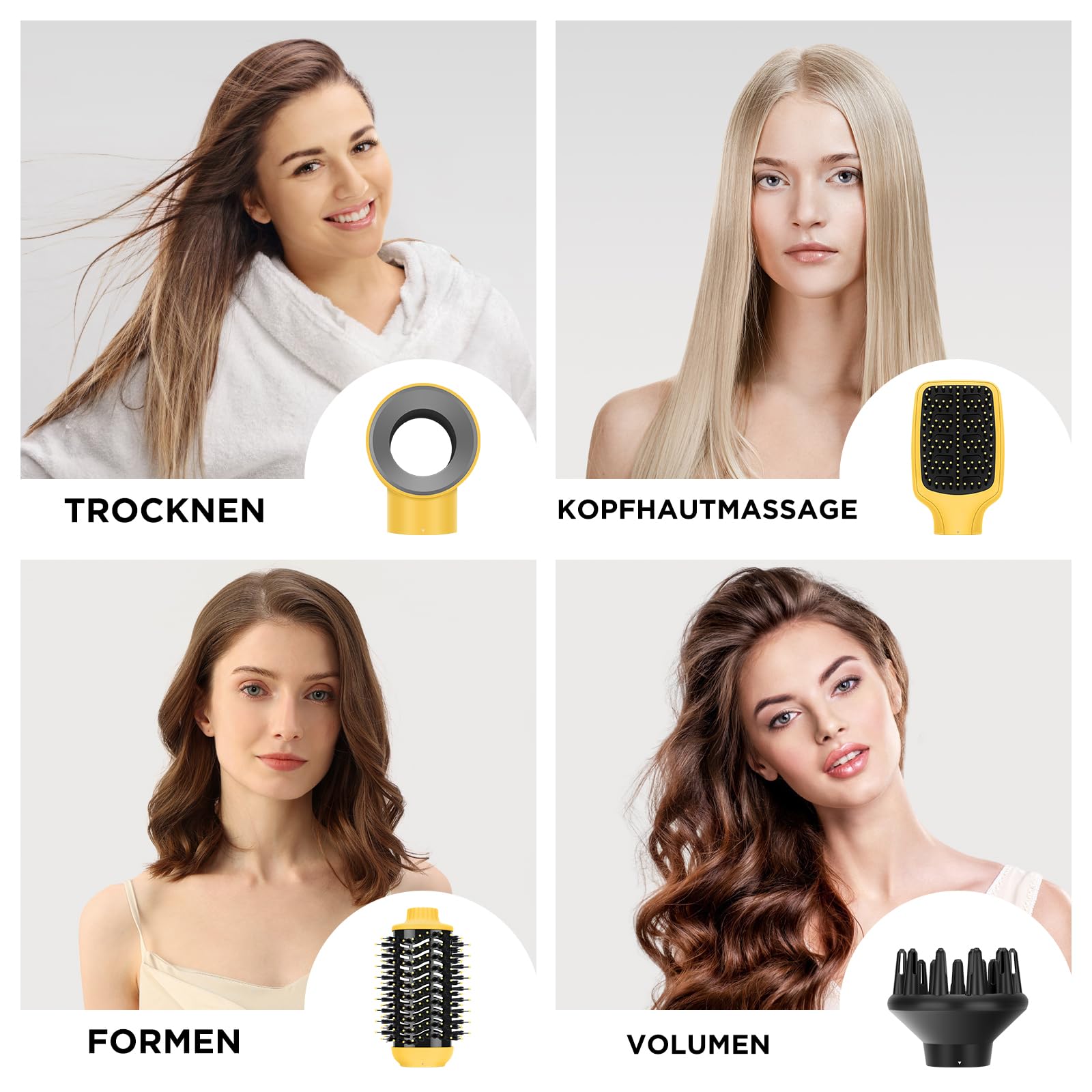 PARWIN PRO BEAUTY Zestaw szczotek do suszenia włosów 4 w 1, z 4 akcesoriami, do suszenia, wygładzania, zwiększania objętości i stylizacji, szczotka do pielęgnacji jonowej