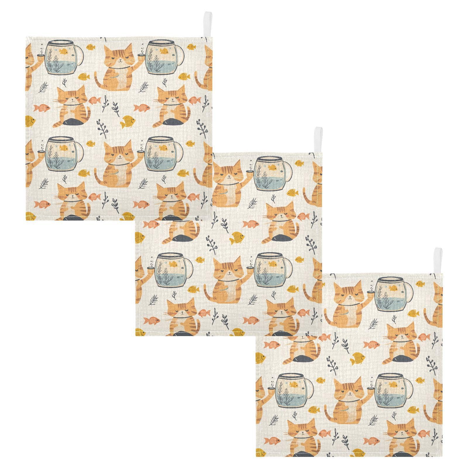 vvfelixl Baby Muslin Washcloths Cat Hold Fish Tank Baby Burp Cloths Cotton Babys Face Towel for Newborn Infants Boys Girls Soft and Absorbent 11.8 X 11.8 in, 3 Pack