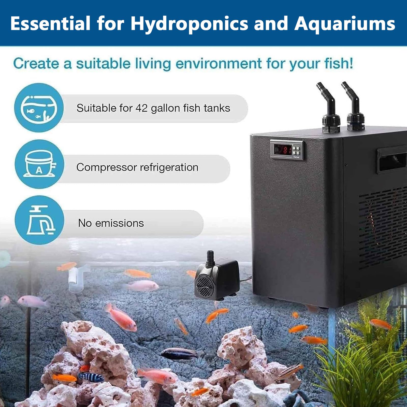 Refroidisseur d'eau plongeant froid pour hydroponie, solution de refroidissement réglable efficace pour aquariums et poissons, capacité de 500 L