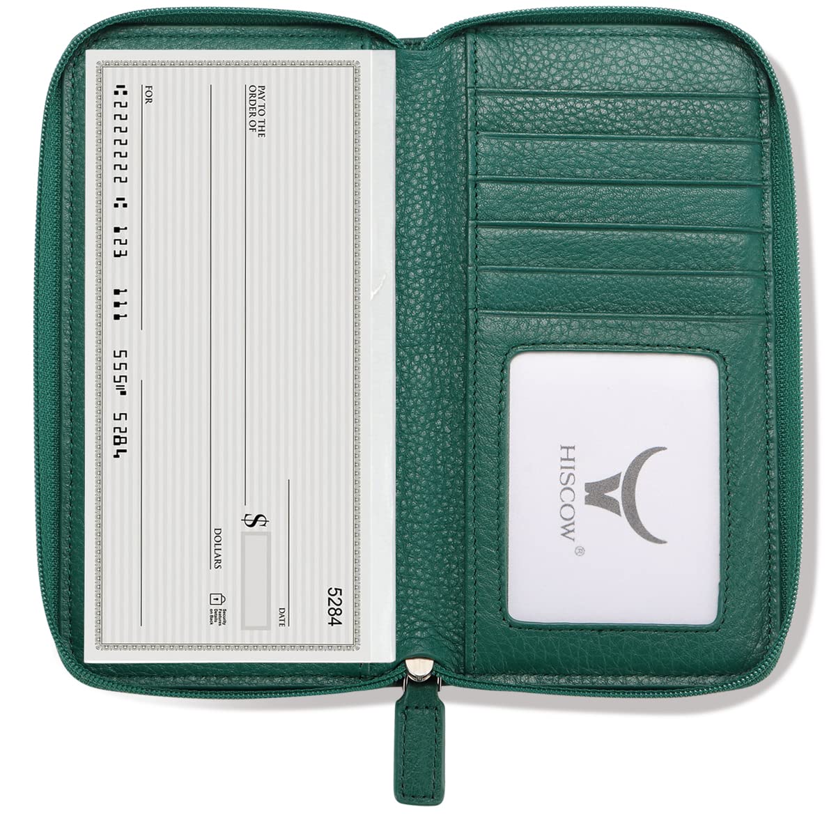 HISCOW Zippered Checkbook Cover & Card Holder with Divider - Italian Calfskin (Pebbled Green)