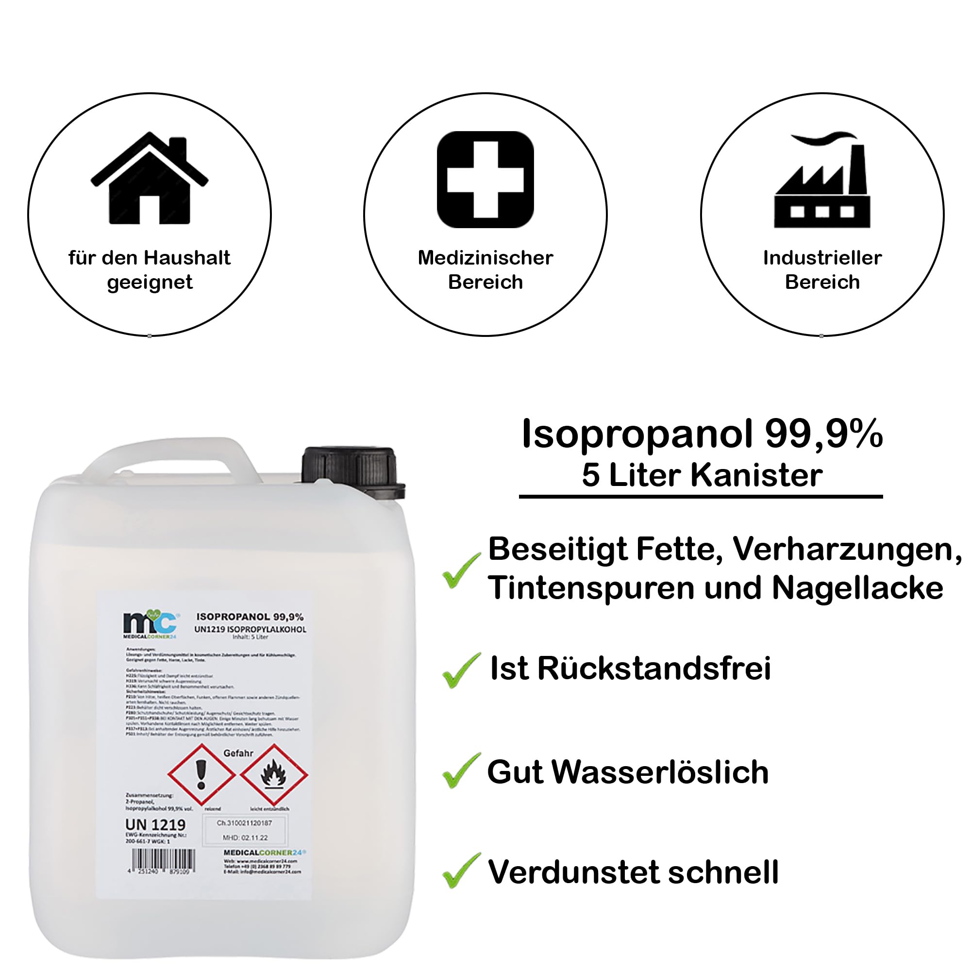 Medicalcorner24 Isopropanol 99,9% isopropylalkohol 2 x 5 l Bidón, Alcohol