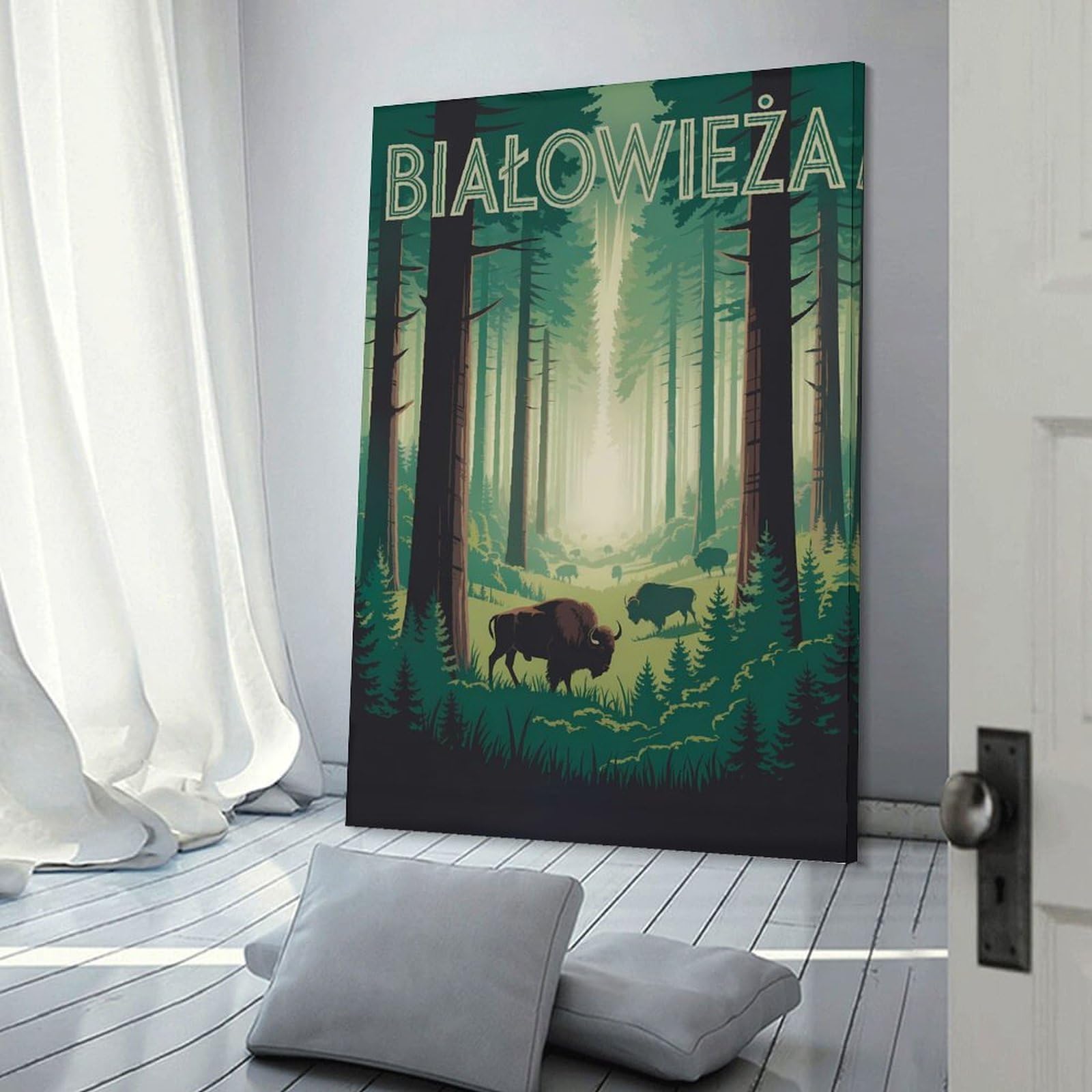 Junmoney Białowieża Forest Bison Illustration Canvas Wall Art, 20x30inch(50x75cm), for Bedroom Decor, Cosy Corners Or Studios, Stylish Decor for A Restful Room Update
