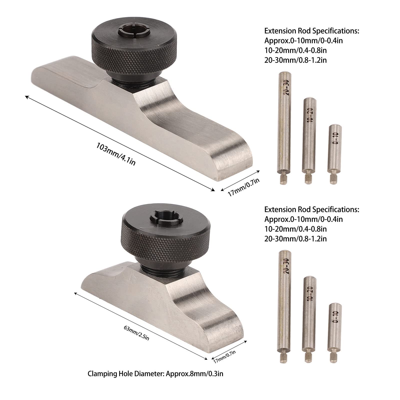 Supporto per Misuratore di Profondità in Acciaio Inossidabile, Base per Comparatore con 3 aste di prolunga 103x17mm