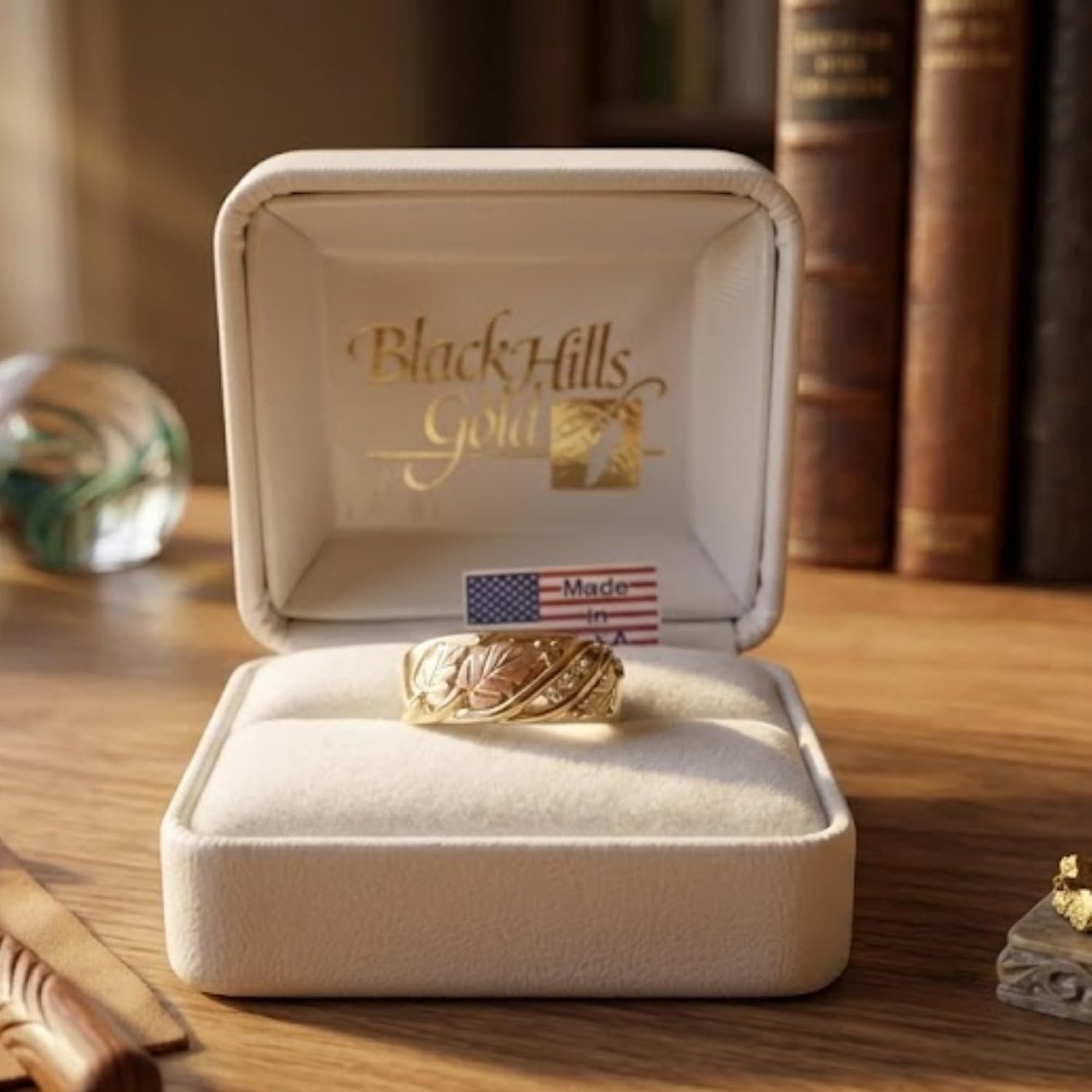 10k Yellow Gold Diamond Wedding Ring for Women, 7.24mm Wide, Adorned with 12k Green and Rose Black Hills Gold Leaf Accents, .06 Ctw, JK Color, SI1 Clarity – Ideal for Weddings and Anniversaries