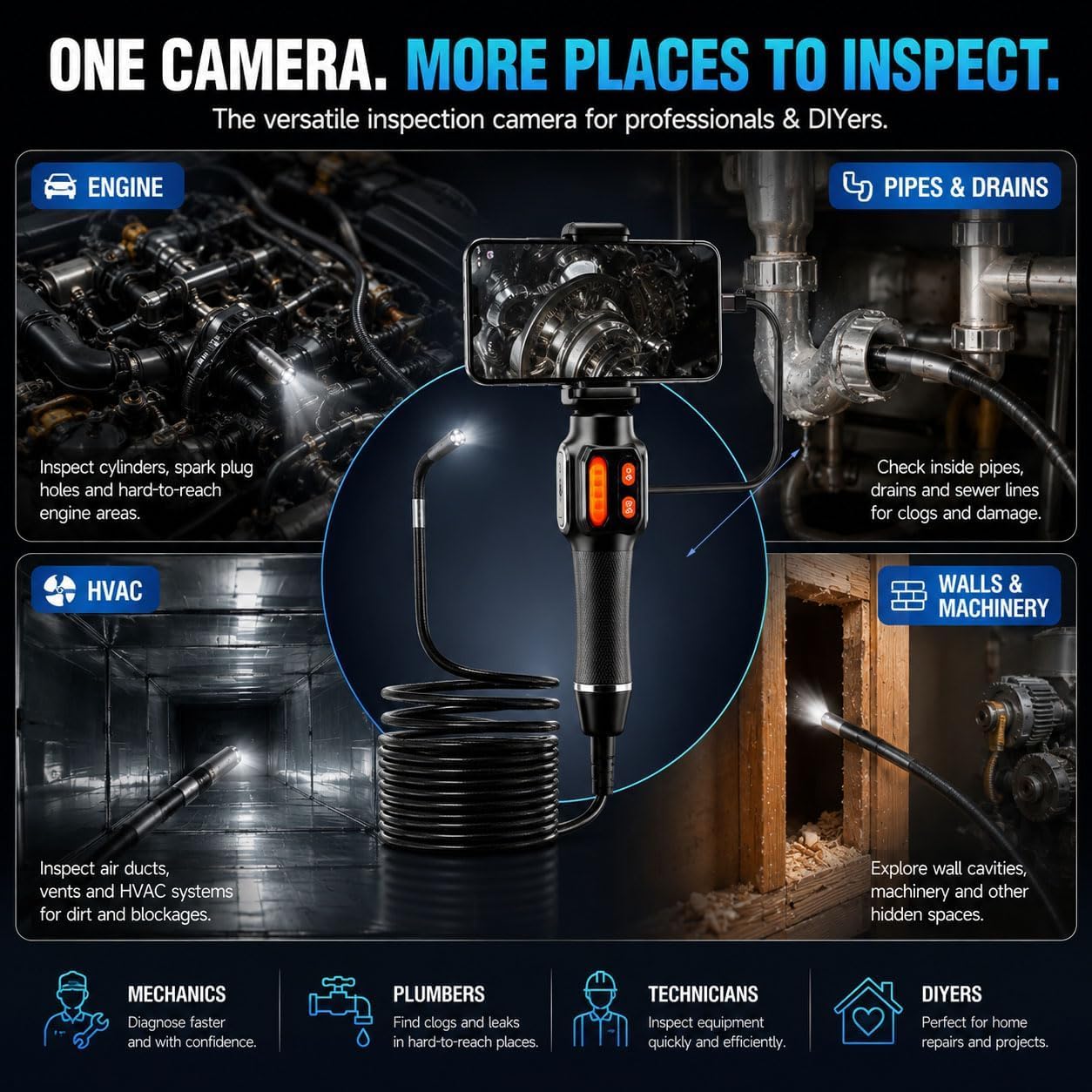 Two-Way Articulating Borescope Camera with Light for iOS & Android