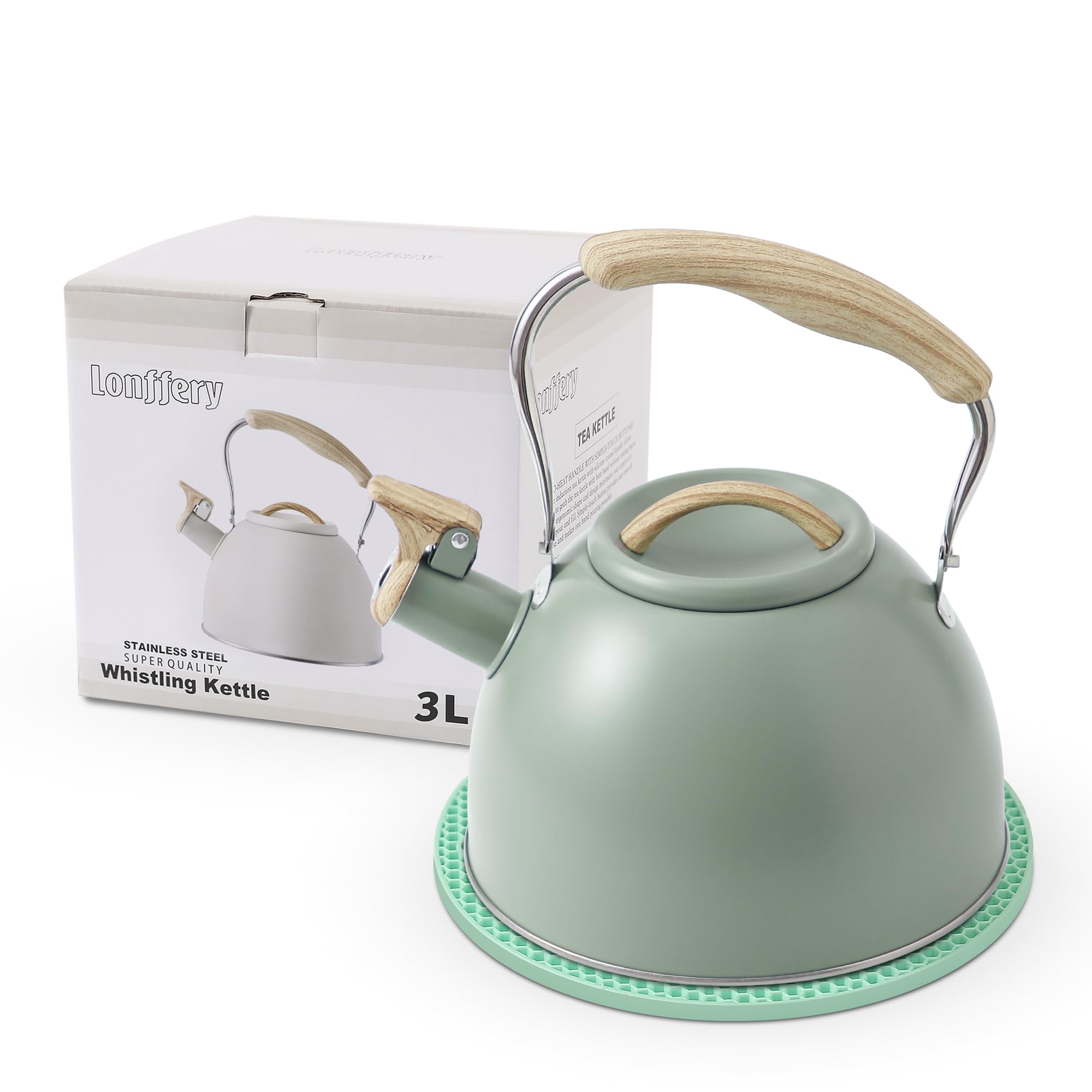 LonfferyTea Kettle for Stove Top, 3.2 Quart Whistling Tea Kettle, Food Grade Stainless Steel and Wood Pattern Folding Handle, Green
