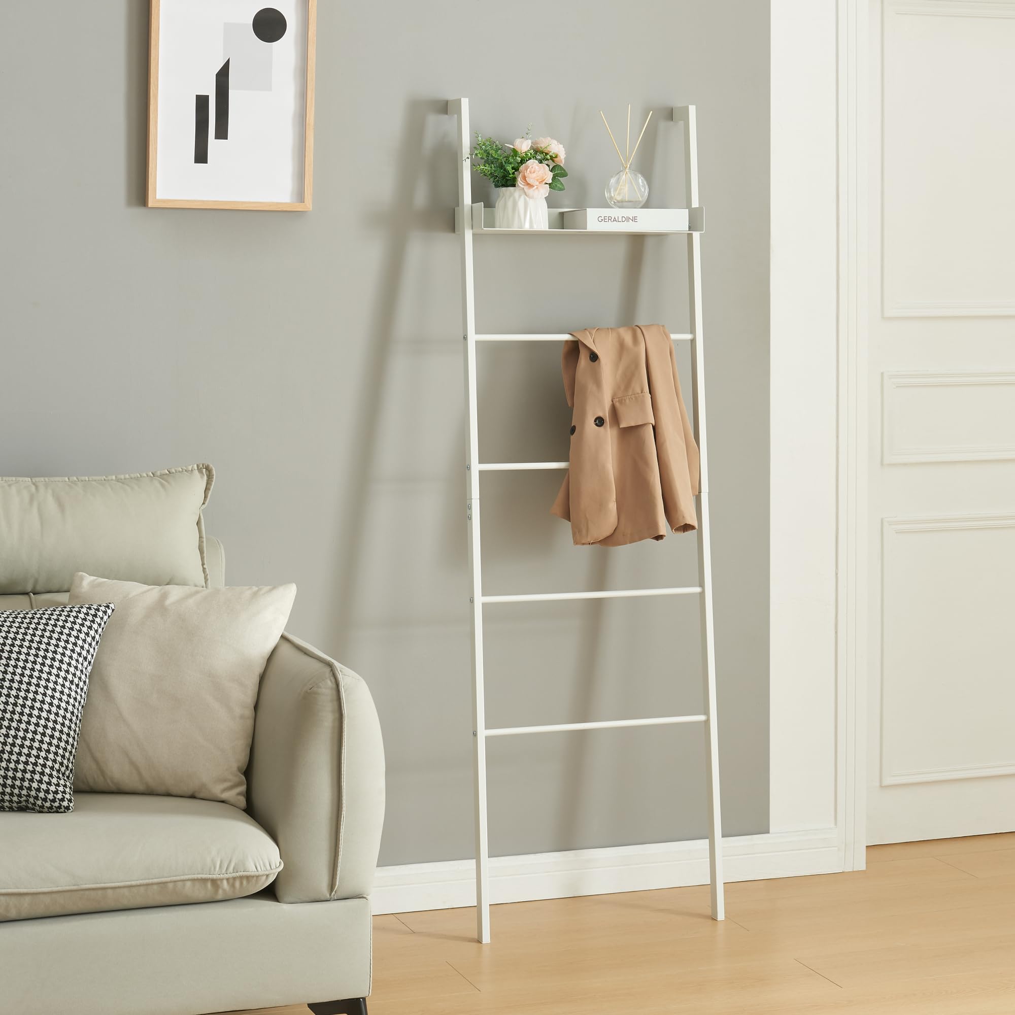[en.casa] Toallero de Baño Escalera Øksnes con 4 Peldaños y 1 Estante Estantería de 5 Niveles para Colgar Toallas Paños de Cocina Ropa Accesorios Baño de Acero 160x50x27,5cm - Blanco