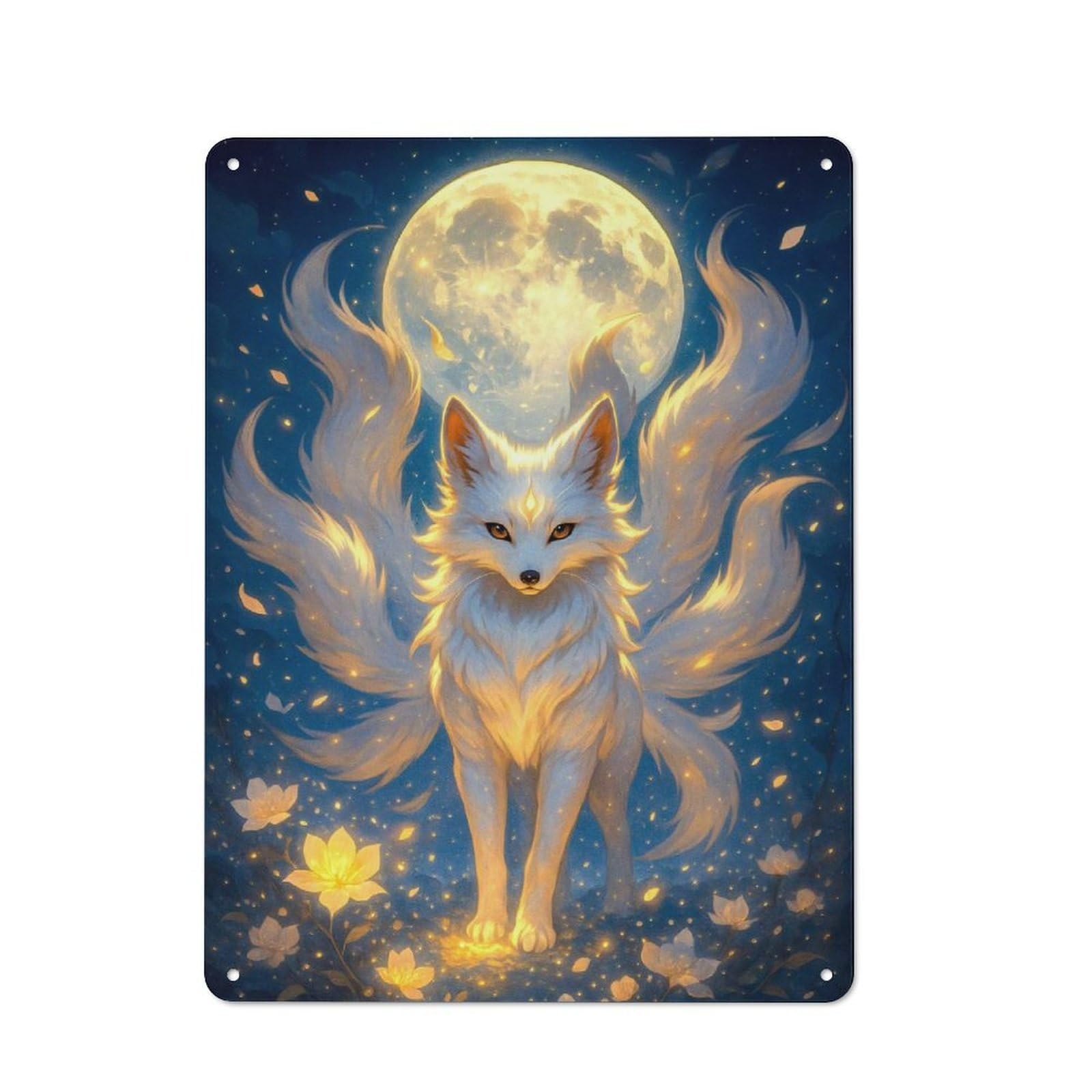 Vintage Nine-tailed Fox Under The Moon Tin Sign 40x30cm, Shed Wall Plaque for Garage, Workshop, Shed Or Utility Room