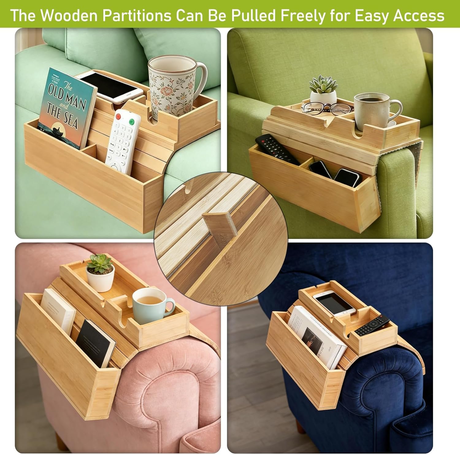 Bamboo Couch Armrest Table with Side Pocket, Anti-Slip Sofa Arm Tray & Tv Remote Holder and Cup Holder Tray, Perfect for Holding Drinks, Snacks, Remotes, Cups, and Phones
