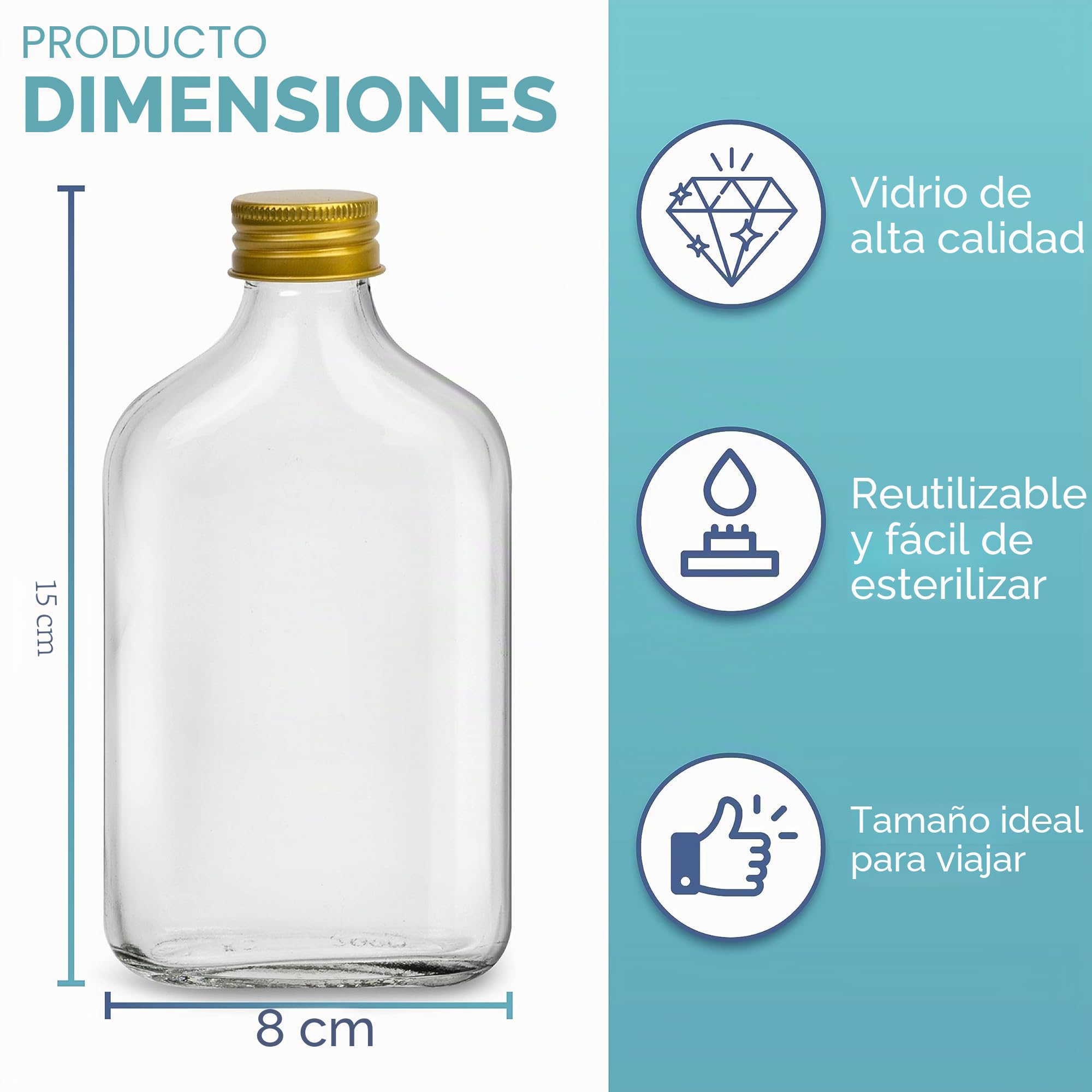 HEFTMAN Flask Botellas de Vidrio Pequeñas - Paquete de 10 Botellas de Vidrio de 200ml con Tapas, Vacías, Herméticas, Reutilizables Botella de 200ml - Perfectas para Ginebra, Vino, Vinagre, Bebidas