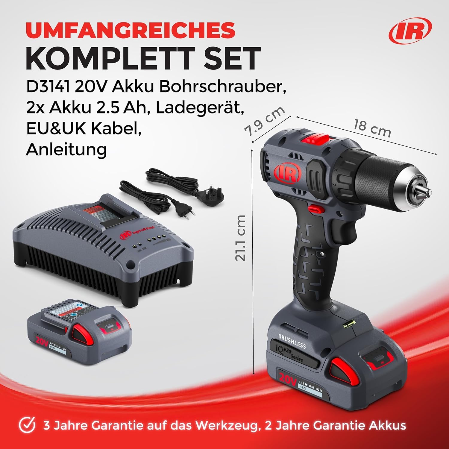 Ingersoll Rand Akumulatorowa wiertarko-wkrętarka D3141-K22-EU z silnikiem bezszczotkowym 20 V, momentem 50 Nm, metalowym uchwytem bezkluczykowym, 2 prędkościami i ergonomiczną konstrukcją