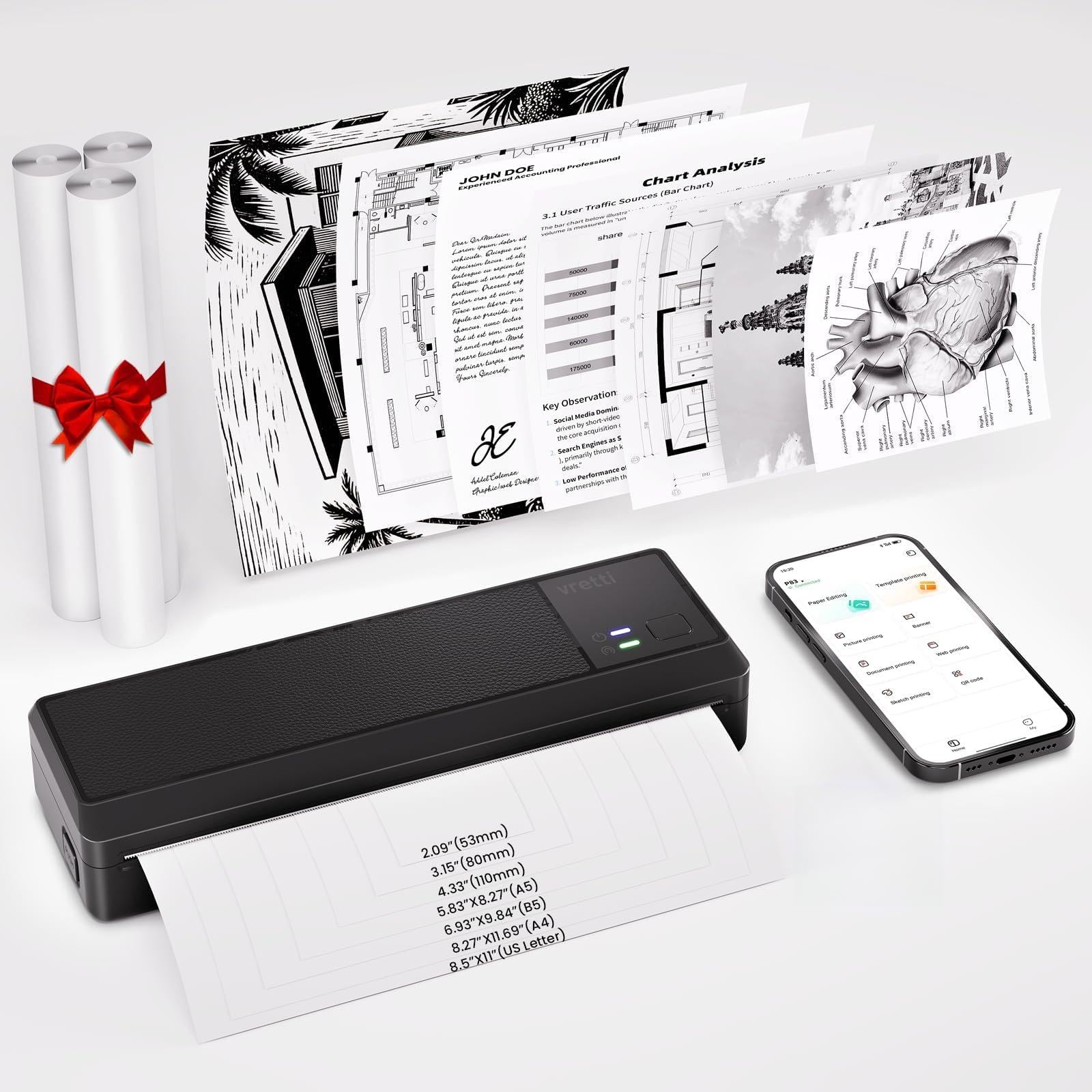 vretti Stampante Portatile A4 Compatibile con Phone/PC/USB, Bluetooth | Wireless Stampante Termica Stampa Contratti/Ricevute/Documenti,3 Rotoli di Carta, Nero