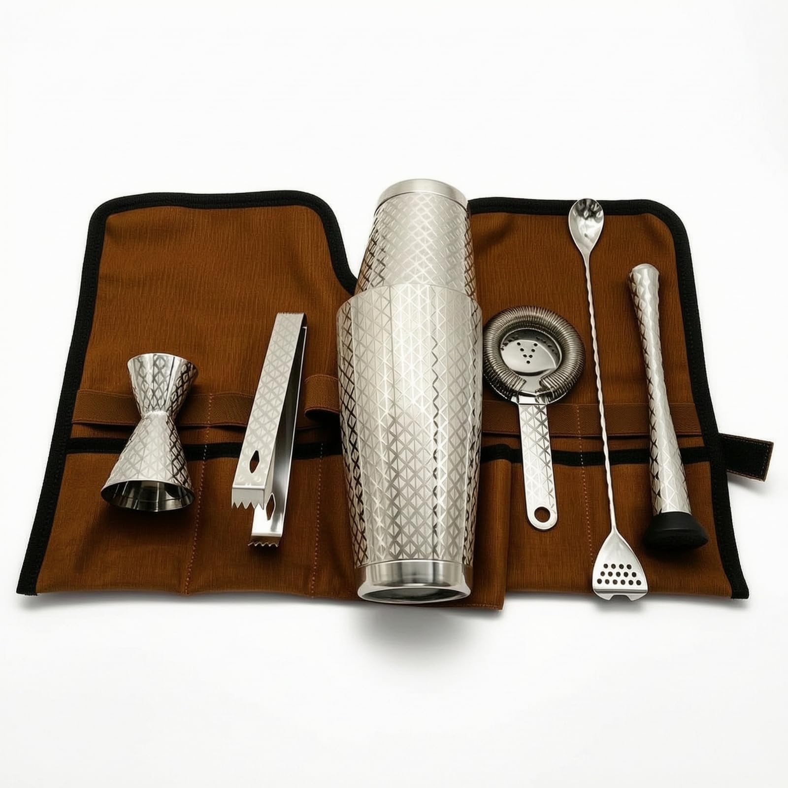 Gralara 7 Pezzi Kit da Bar con Borsa in Acciaio Inox 304 Kit da Cocktail con Borsa Arrotolabile Shaker Accessori per Barman, Feste, Casa, Set Da 7 Pezzi Boston Con Motivo A Rombi Inciso, Con Base
