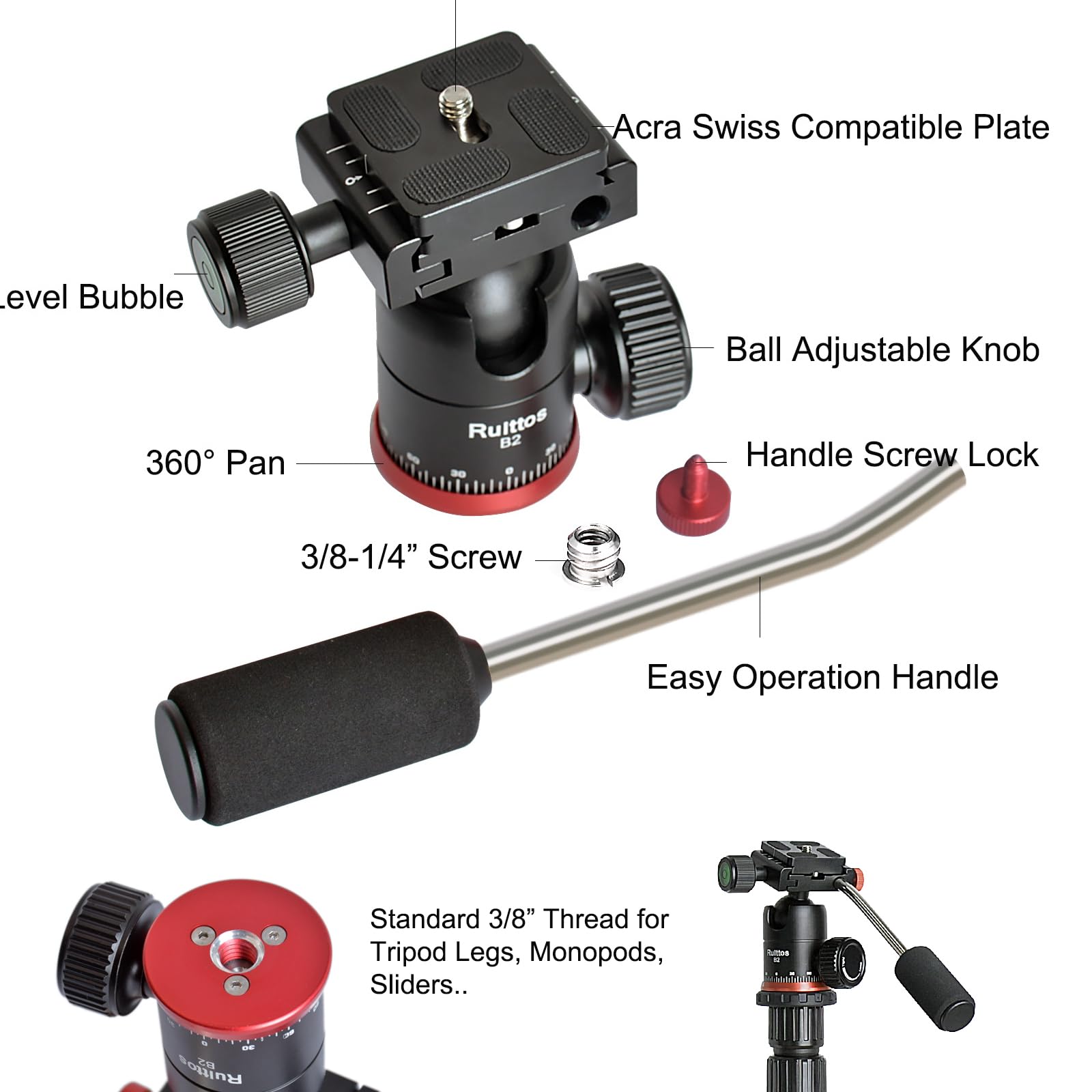 Ruittos - Cabezal de bola para trípode, soporte de cámara con placa de liberación rápida y asa, cabezal esférico panorámico de 360 grados para cámara DSLR/SLR y teléfono inteligente