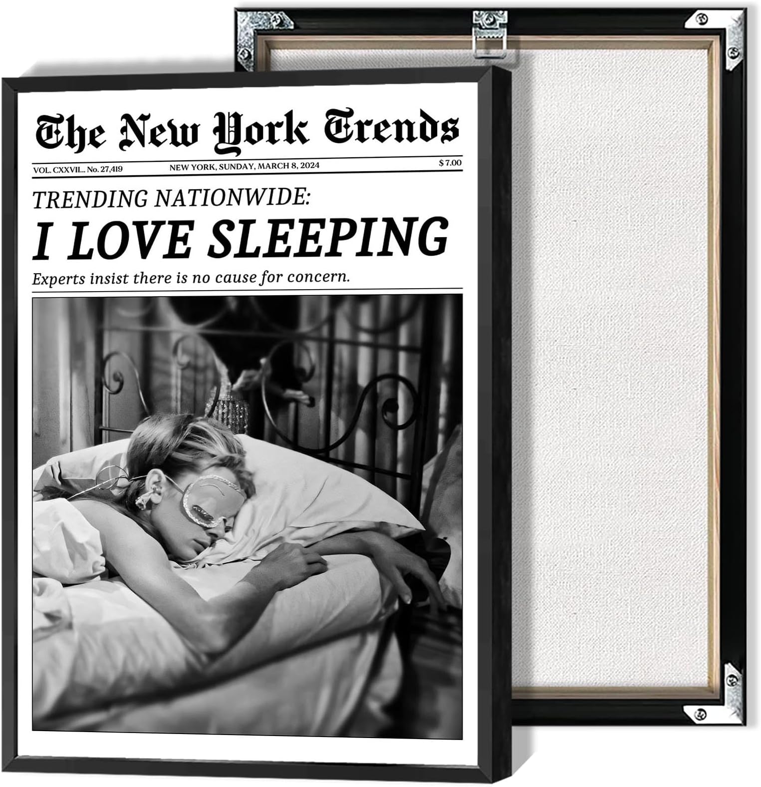 Beshdomp Vintage I Love Sleeping Posters Black And White Newspaper Canvas Wall Art New York Times Magazine Headline Prints Painting For Home Bedroom Dorm Bar Cart Wall Decor 12x16in Framed