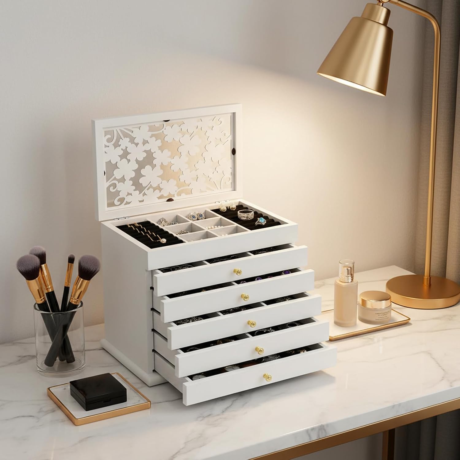 Large Jewelry Box Organizer, 6 Tier Jewelry Organizers and Storage 12.2x7.9x9.6 In Jewelrys Storage Case with 5 Drawers for Sunglasses Watches Hairpins Earrings Rings Bracelets