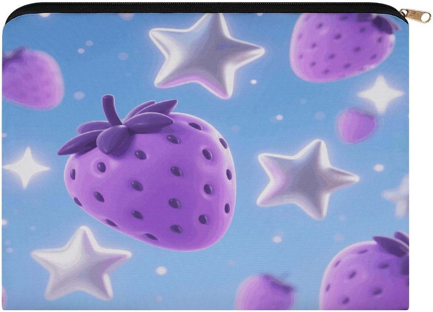 Stars And Purple Strawberries Makeup Bag Fashion Large Capacity Cosmetic Bag Luxury Polyester Travel Toiletry Bags Cute Zipper Pouch Aesthetic Accessories Storage Bags for Women & Gifts
