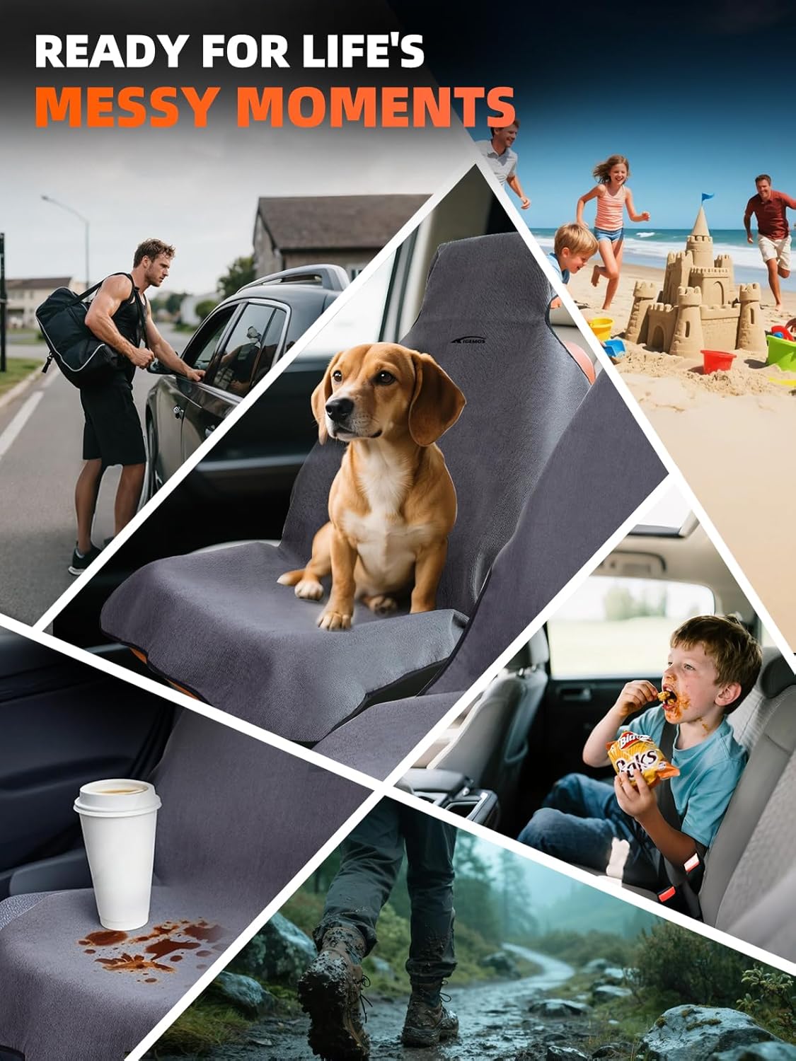 Car Seat Towel Cover, Waterproof, Sweatproof, Non-Slip Protector – Dual-Layer Microfiber Terry – Universal Fit for Cars, Trucks, SUVs – Branded Embroidered Design (Gray, 2 Pack)
