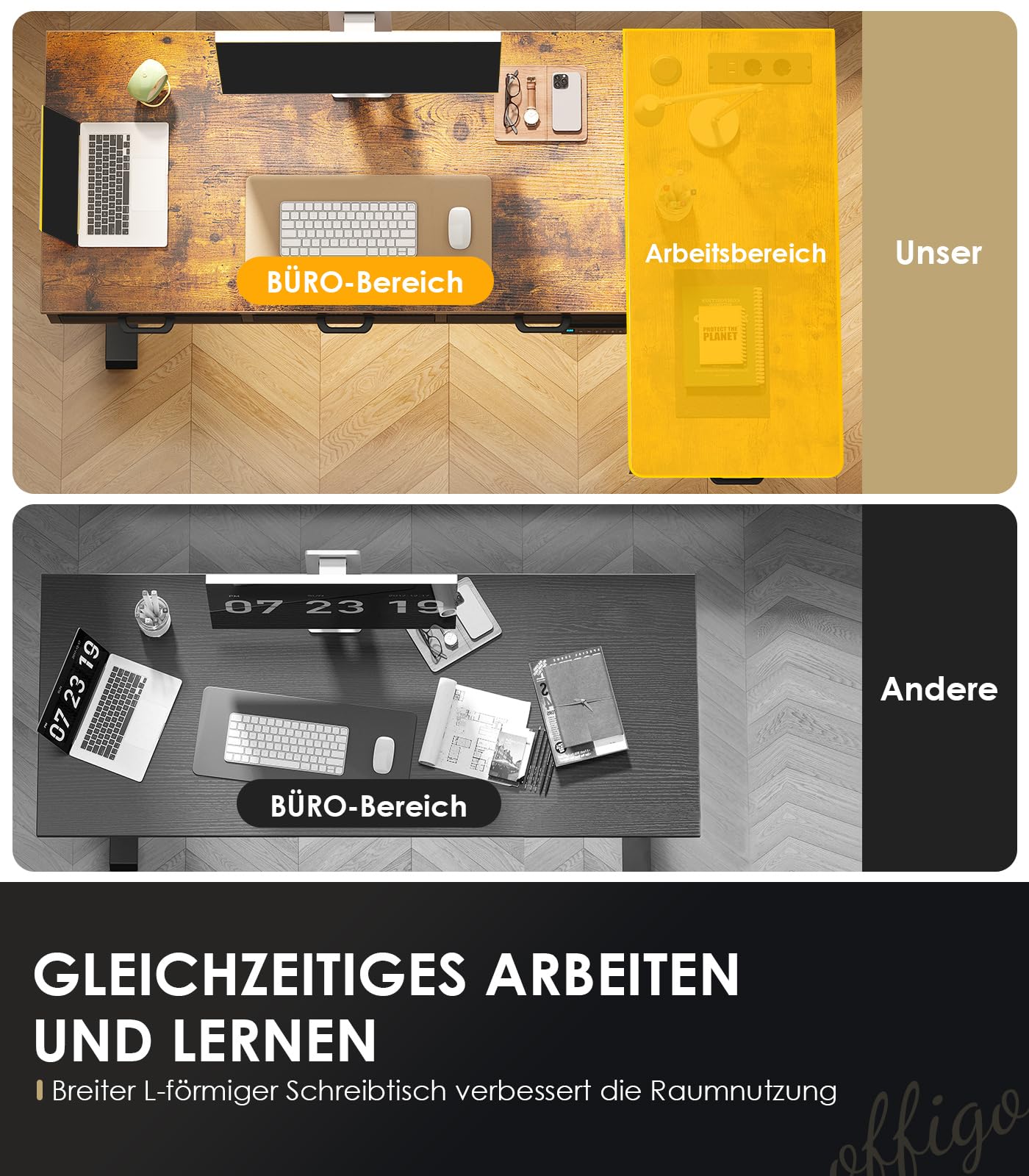 OffiGo Eckschreibtisch Höhenverstellbar, 160x80 cm Höhenverstellbarer Schreibtisch mit 4 Schublade, Elektrischer Tisch L Form mit Steckdose für Büro und Arbeitszimmer, Groß Ecktisch Vintage Braun