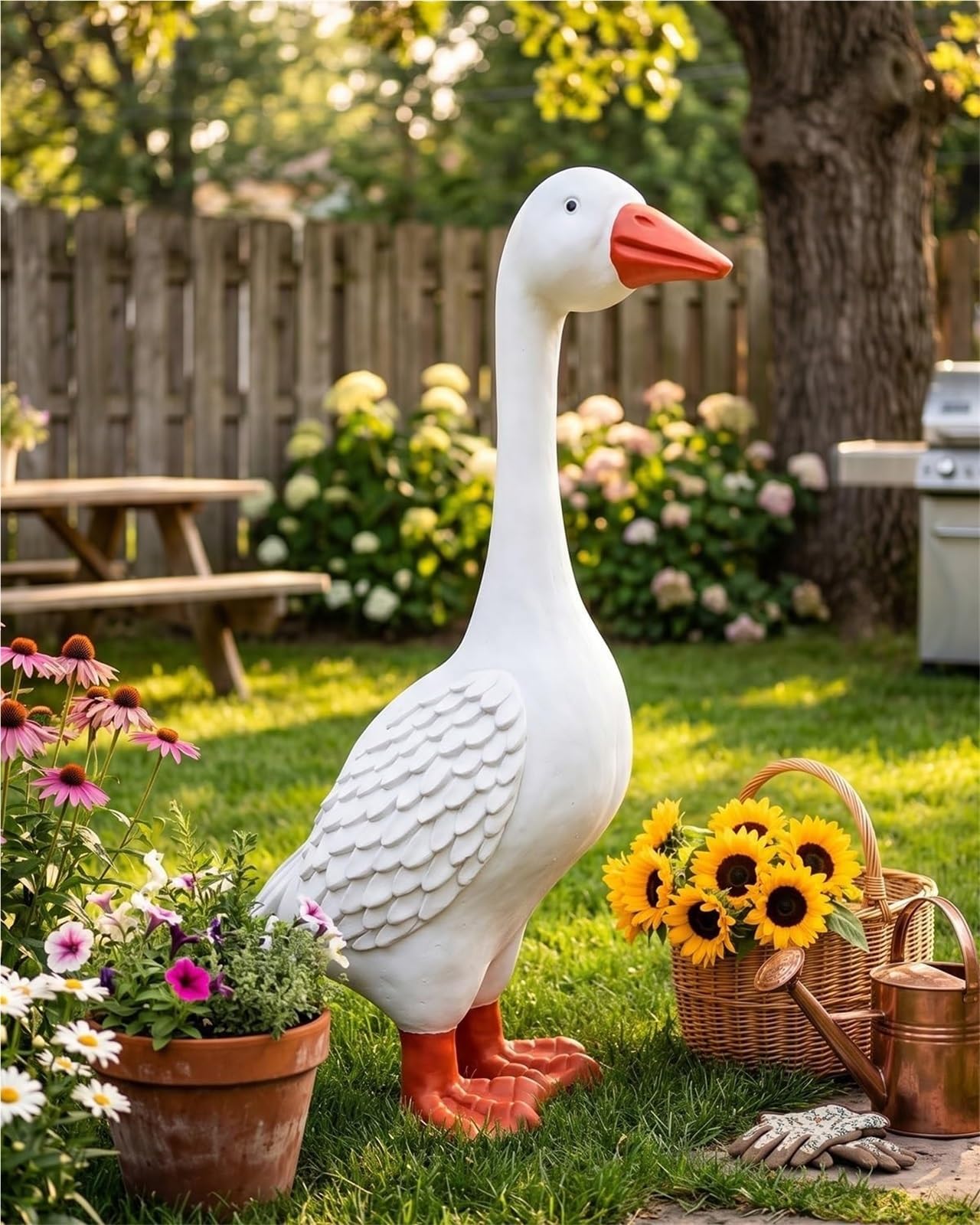 23 Inch Porch Goose Statue Large Resin Realistic Cement Finished Lawn Ornament Garden Decor Front Yard Backyard Outdoor Durable Plastic Art for Patio Decorations Geese Animal Sculpture Gift(11.8in#2)