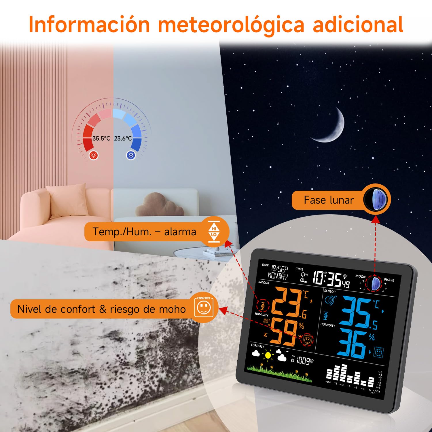 Uzoli EM3566 Estación meteorológica inalámbrica con sensor exterior, Termómetro, Higrómetro, Previsión del tiempo, Reloj digital, Presión del aire, Fases de la luna, Nivel de confort, Moho riesgo