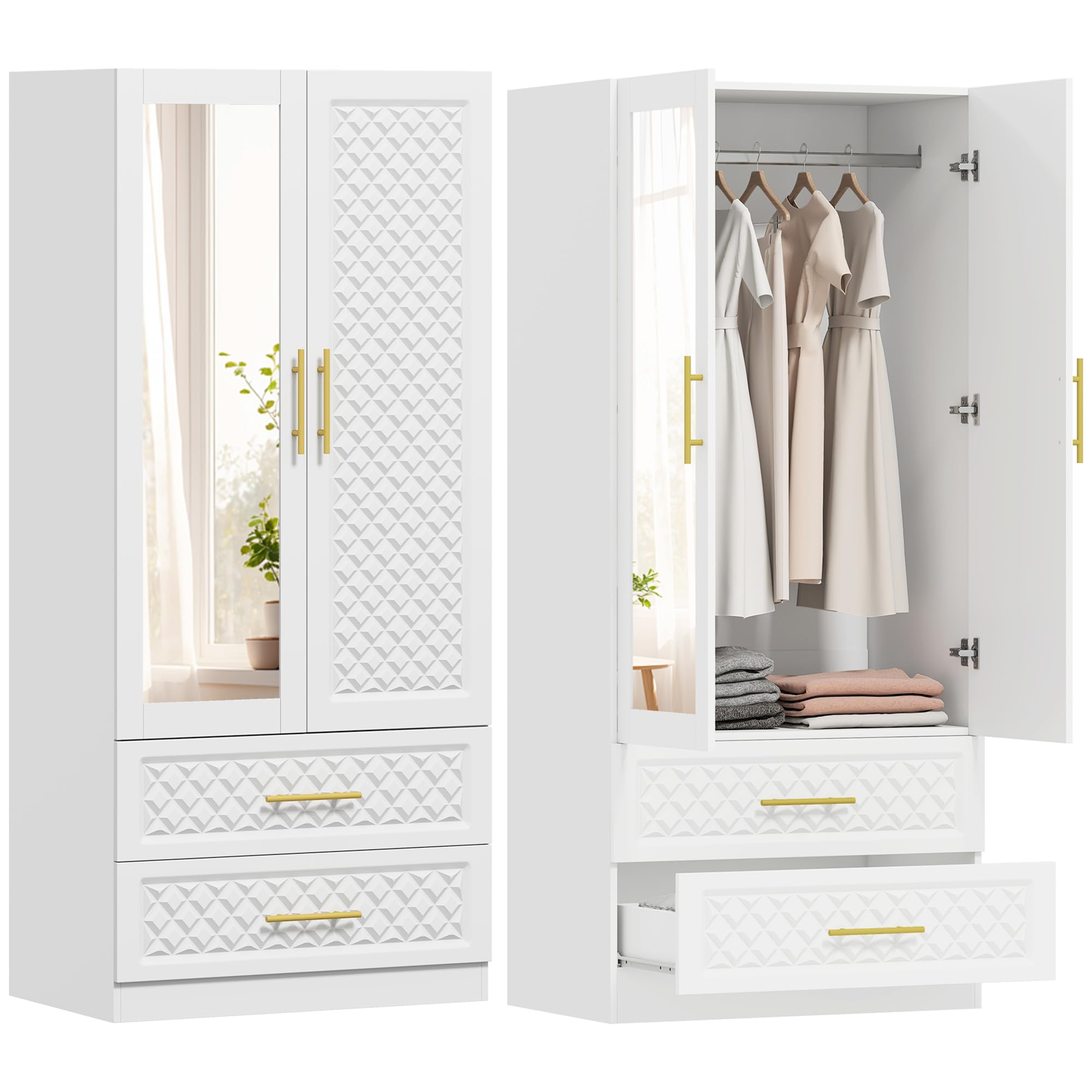 HOMCOM Armadio camera da letto armadio con specchio a 2 ante 80 x 50 x 180 cm, bianco | 2 Cassetti, Barra di Sospensione, Armadio per Abbigliamento, Spogliatoio, Stile Moderno