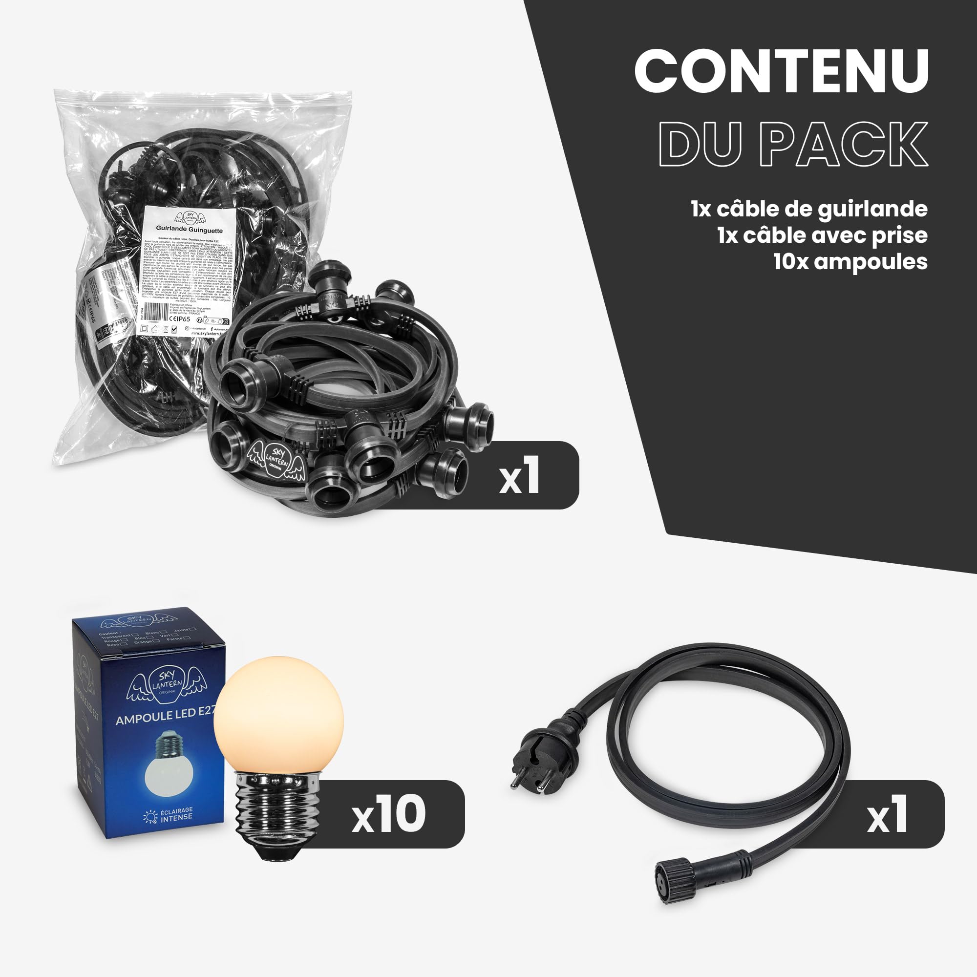 SKYLANTERN Guirnalda Luces Exterior 10M IP65 Impermeable 10 Bombillas LED E27 Blanco Cálido Extensible Hasta 100M Para Jardín Terraza Bodas Fiestas Restaurantes - Iluminación Profesional