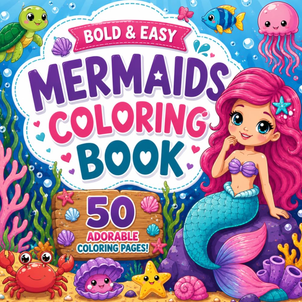 Bold & Easy Mermaids Coloring Book: 50 Cute Mermaid Coloring Pages for Kids with Simple Designs, Big Bold Lines, Easy Coloring Pages and Magical Mermaid Fun