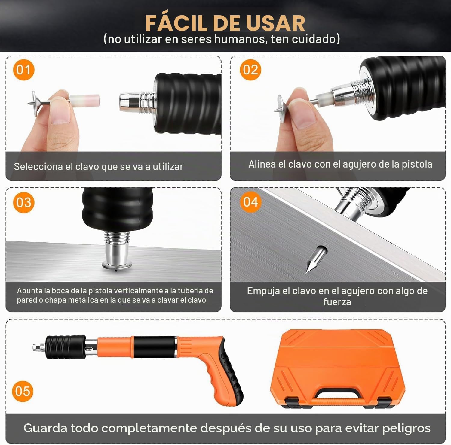 Clavadora de hormigón, clavadora de remache, pistola de clavos portátil con 200 clavos redondos, pistola manual con 5 niveles ajustables, para paredes de hormigón (Naranja)