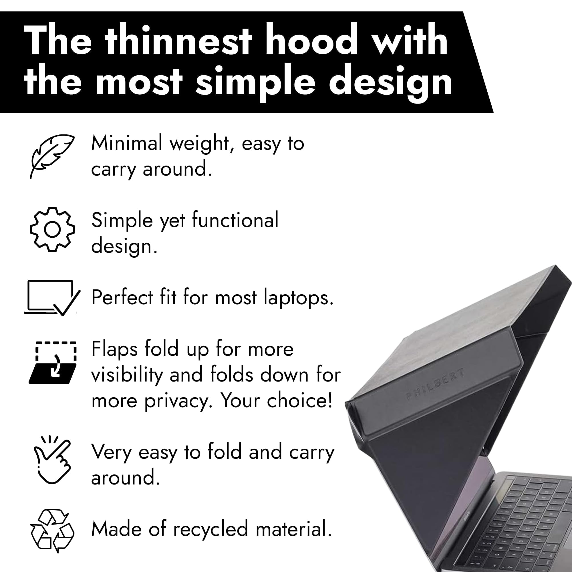 Philbert Design - 4 in 1 Laptop Screen Shade Slim Hood : protezione solare | Protezione dati | Protezione dal calore | Rinforzo di contrasto | Laptop 12"/13"/14" - Universale, leggero e semplice