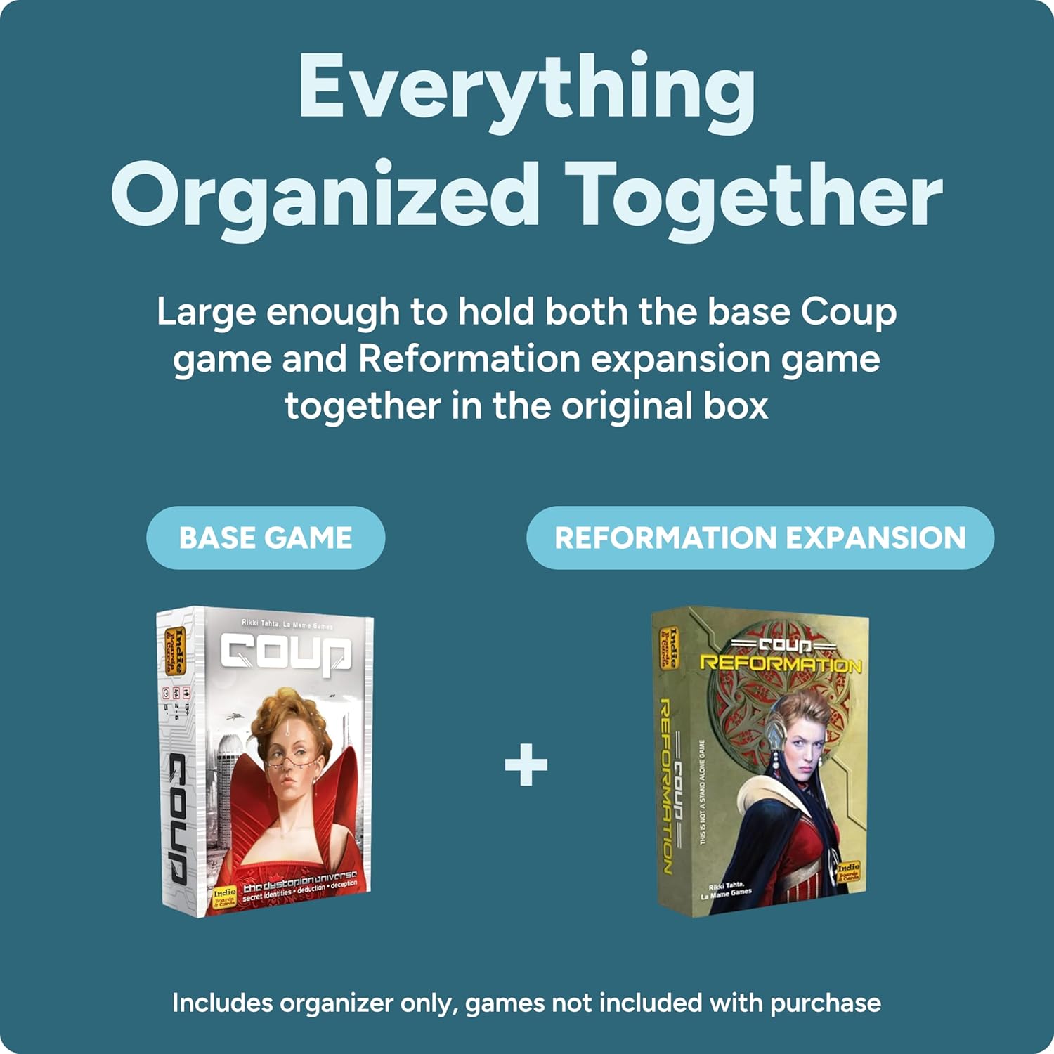 Coup Organizer Insert | Box Storage & Tabletop Card Holder for Coup & Reformation Expansion | Fast Setup Card & Token Tray | Board Game Box Insert Compatible with Indie Card Game Coup