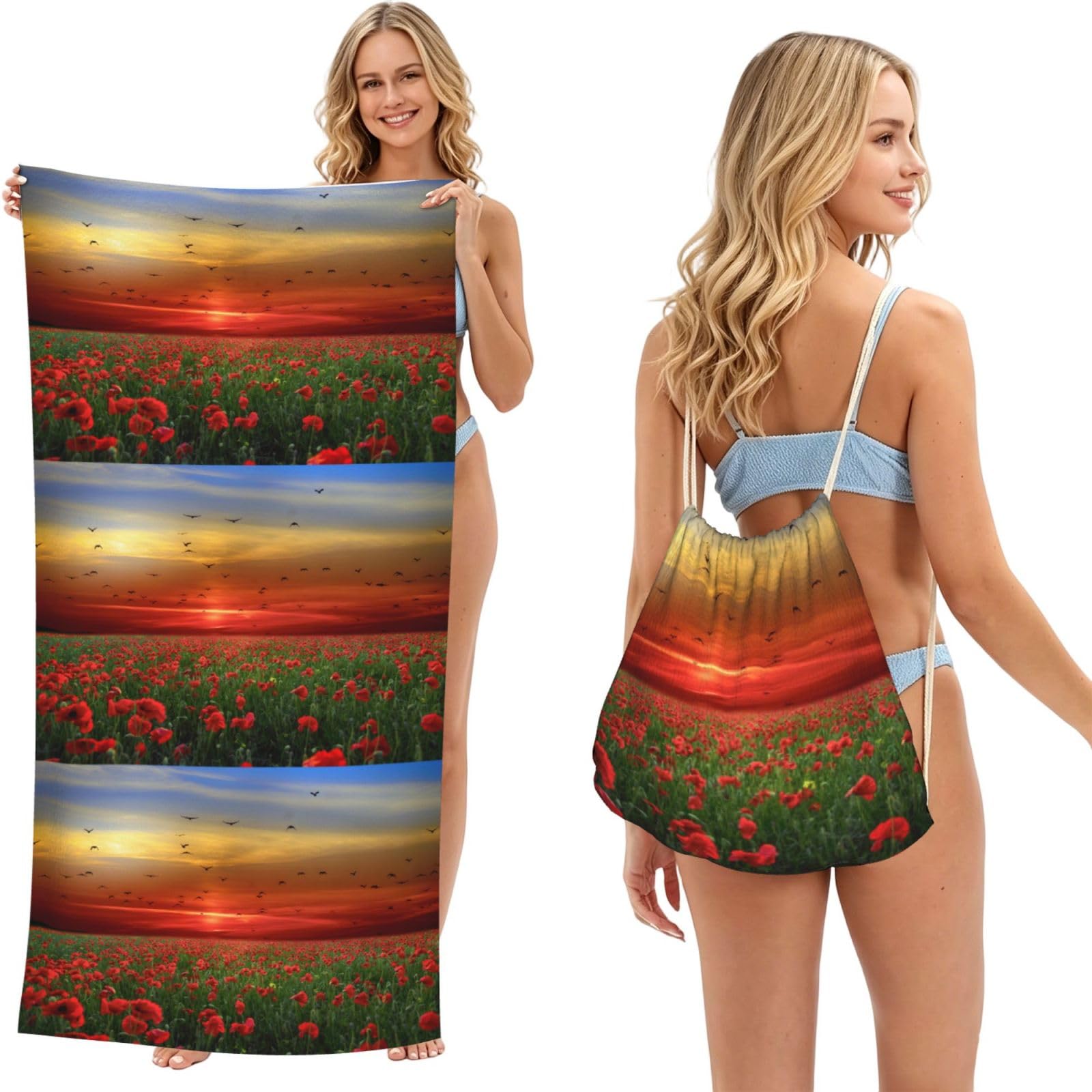 Poadnly As Picture Red Poppy Flower Field In Sunset Printed, 2 In 1 Packable Towel Bag, Beach Towels With Drawstring Backpack For Travel Holiday Camping