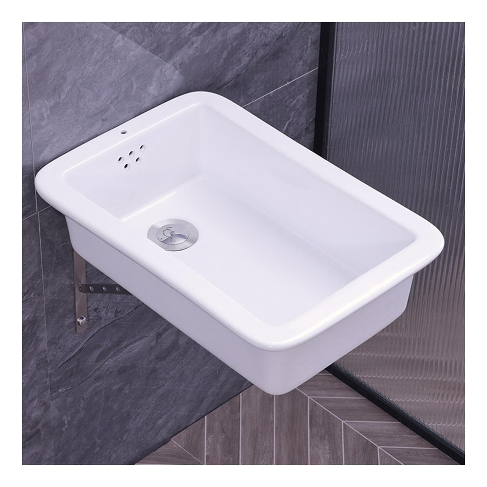 Evier en Céramique Lavabo Mural avec Trou de Trop-Plein Éviers de Cuisine Bonde de Grand Diamètre avec Support en Acier Inoxydable Arrondis du Lavabo(53x43cm/20.9x16.9)