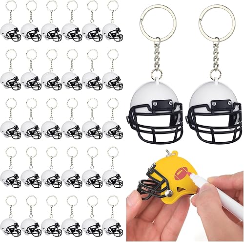 Zeyune 32 Pcs Mini Football Helmet Keychains Bulk Football Party Favors DIY Blanks Rugby Helmet Keychains Ornaments for Rugby Themed Birthday Party