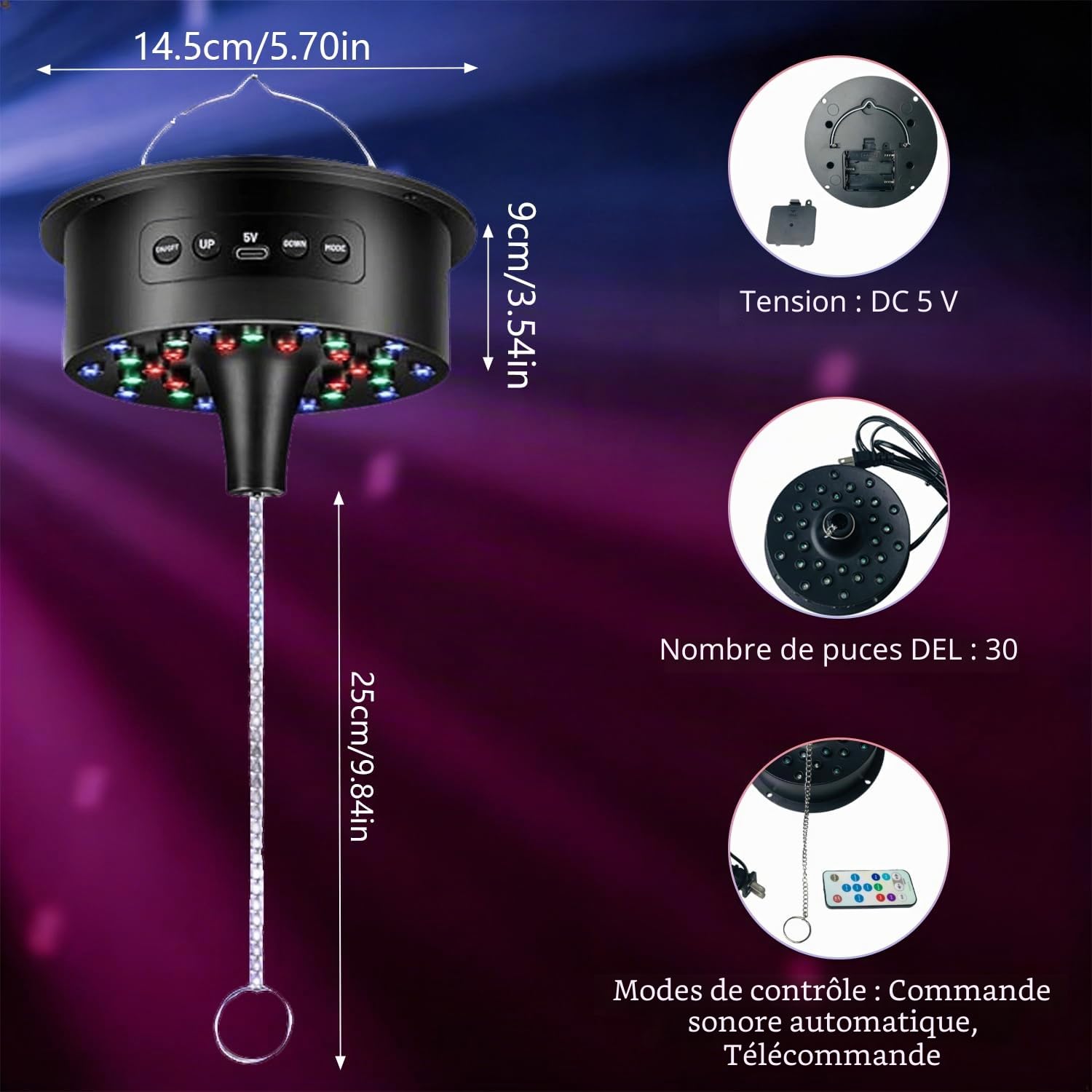 Boule à facettes avec moteur et lumière - 20 cm - Avec moteur rotatif et télécommande - 6 modes de couleur et 30 perles LED - Décoration pour clubs, bars, discothèques et événements